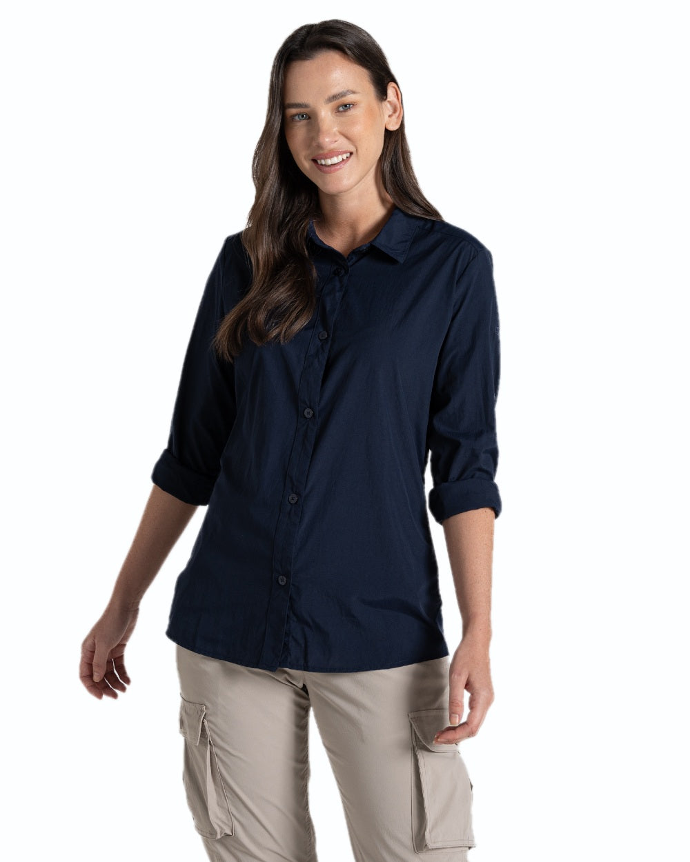 Blue Navy coloured Craghoppers Womens NosiLife Freeda Long Sleeved Shirt on white background