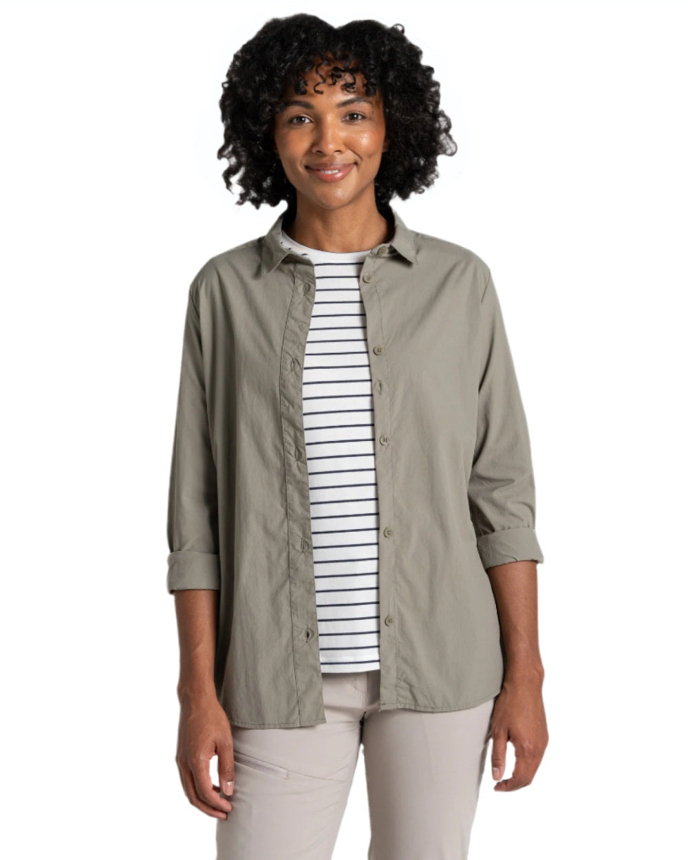 Vert coloured Craghoppers Womens NosiLife Freeda Long Sleeved Shirt on white background