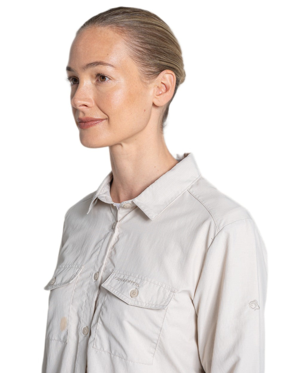 Oyster coloured Craghoppers Womens NosiLife Loukkos Long Sleeved Shirt on white background