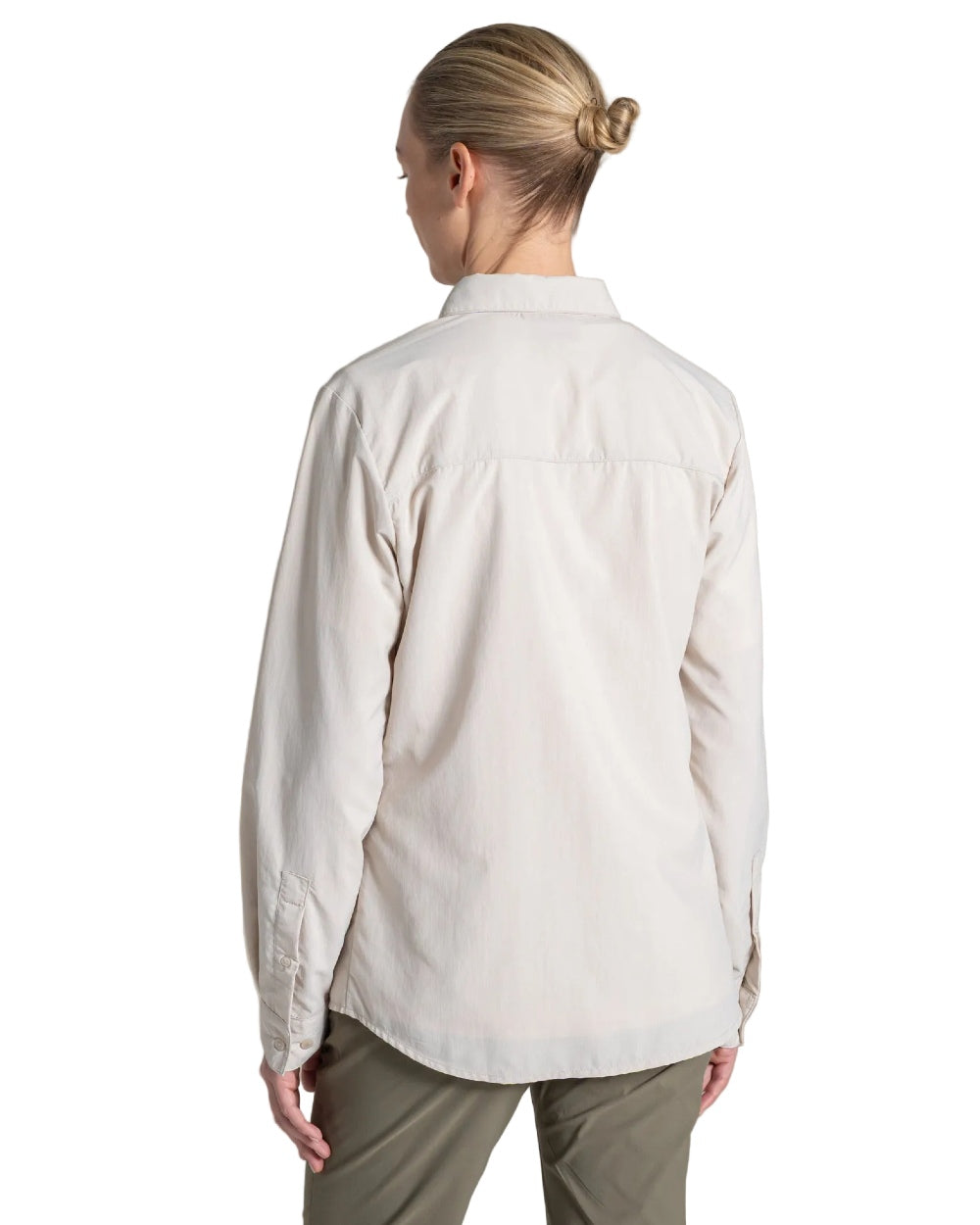 Oyster coloured Craghoppers Womens NosiLife Loukkos Long Sleeved Shirt on white background