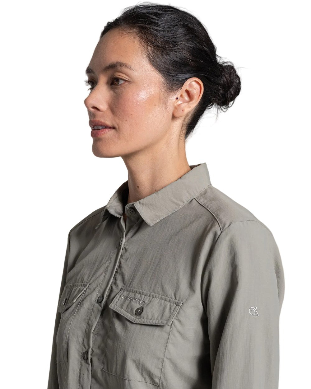 Vert coloured Craghoppers Womens NosiLife Loukkos Long Sleeved Shirt on white background