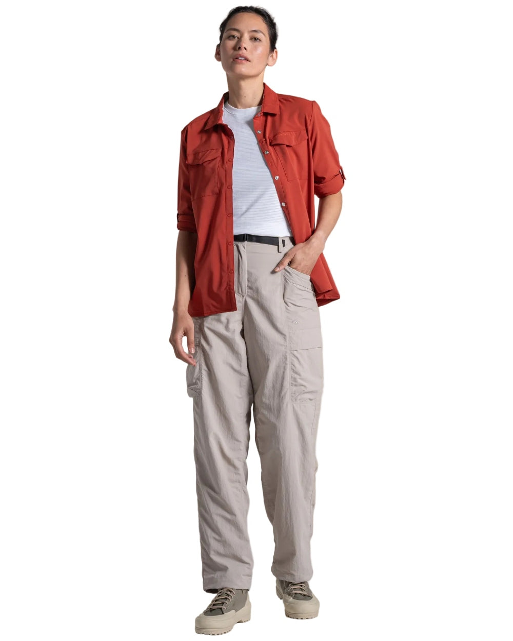 Soft Mushroom coloured Craghoppers Womens NosiLife Medina Cargo Trousers on white background