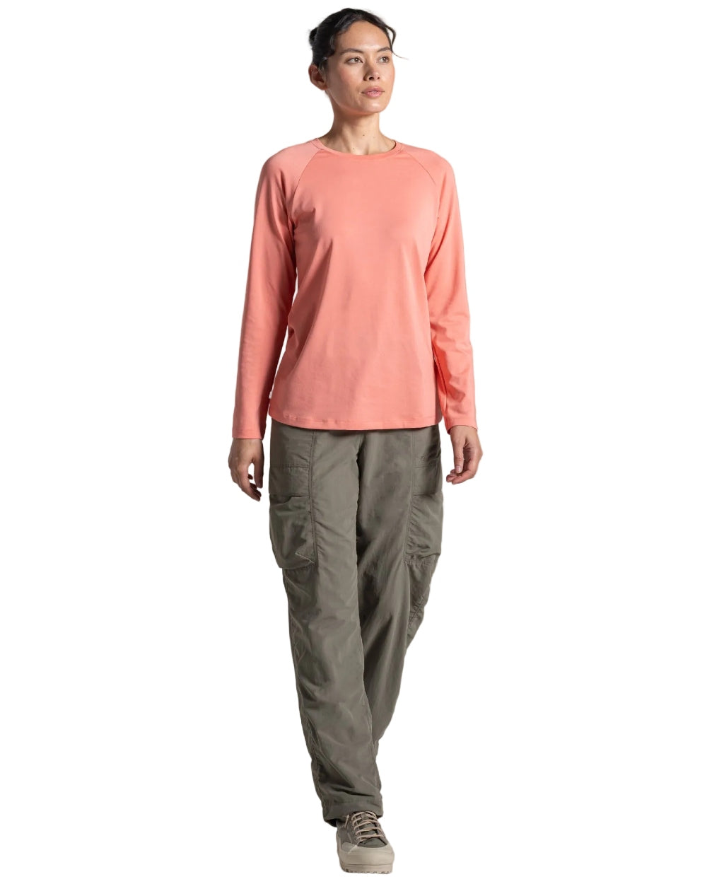 Spiced Apricot coloured Craghoppers Womens NosiLife Nour Long Sleeved T-Shirt on white background