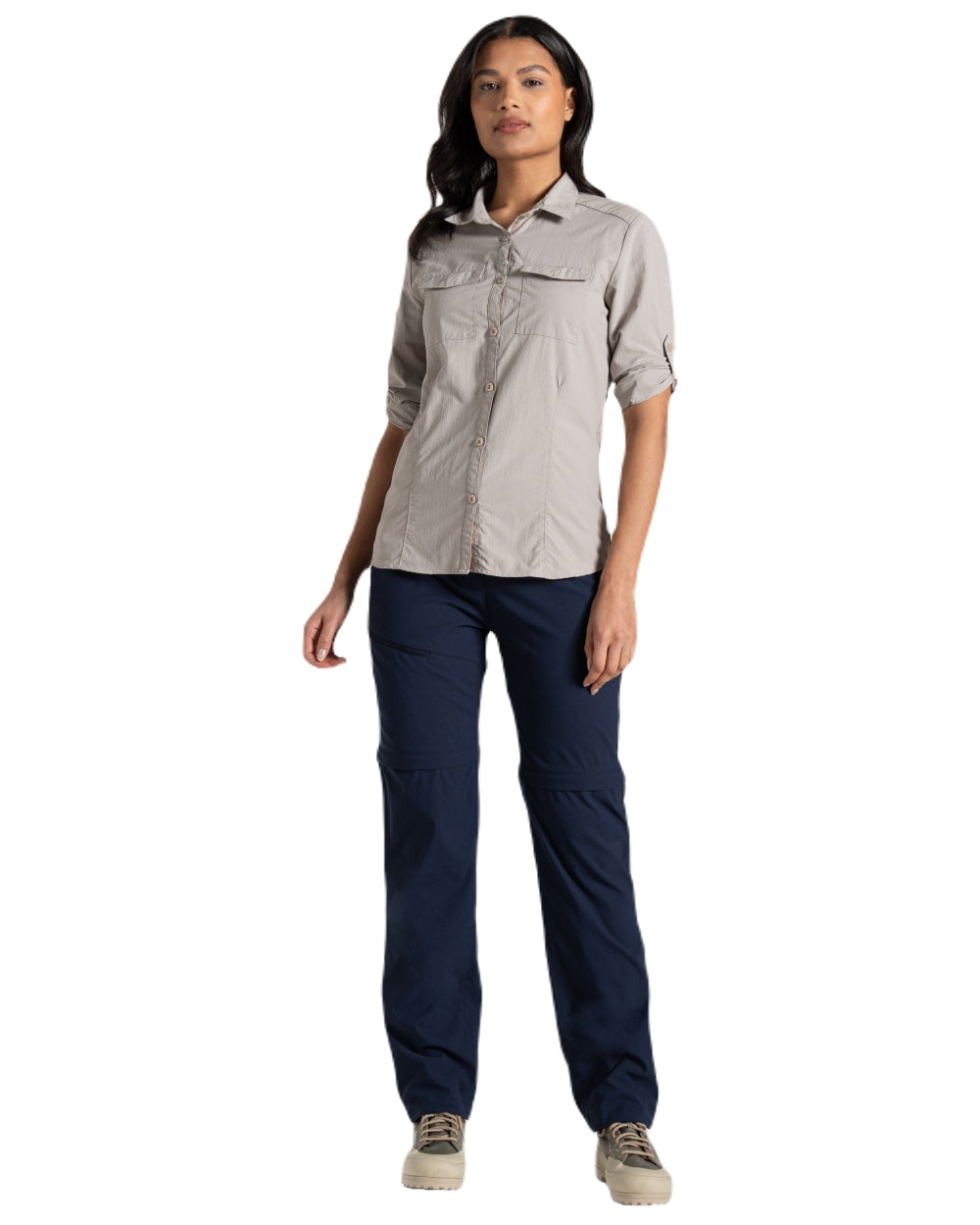 Blue Navy coloured Craghoppers Womens NosiLife Pro Convertible Trousers on white background