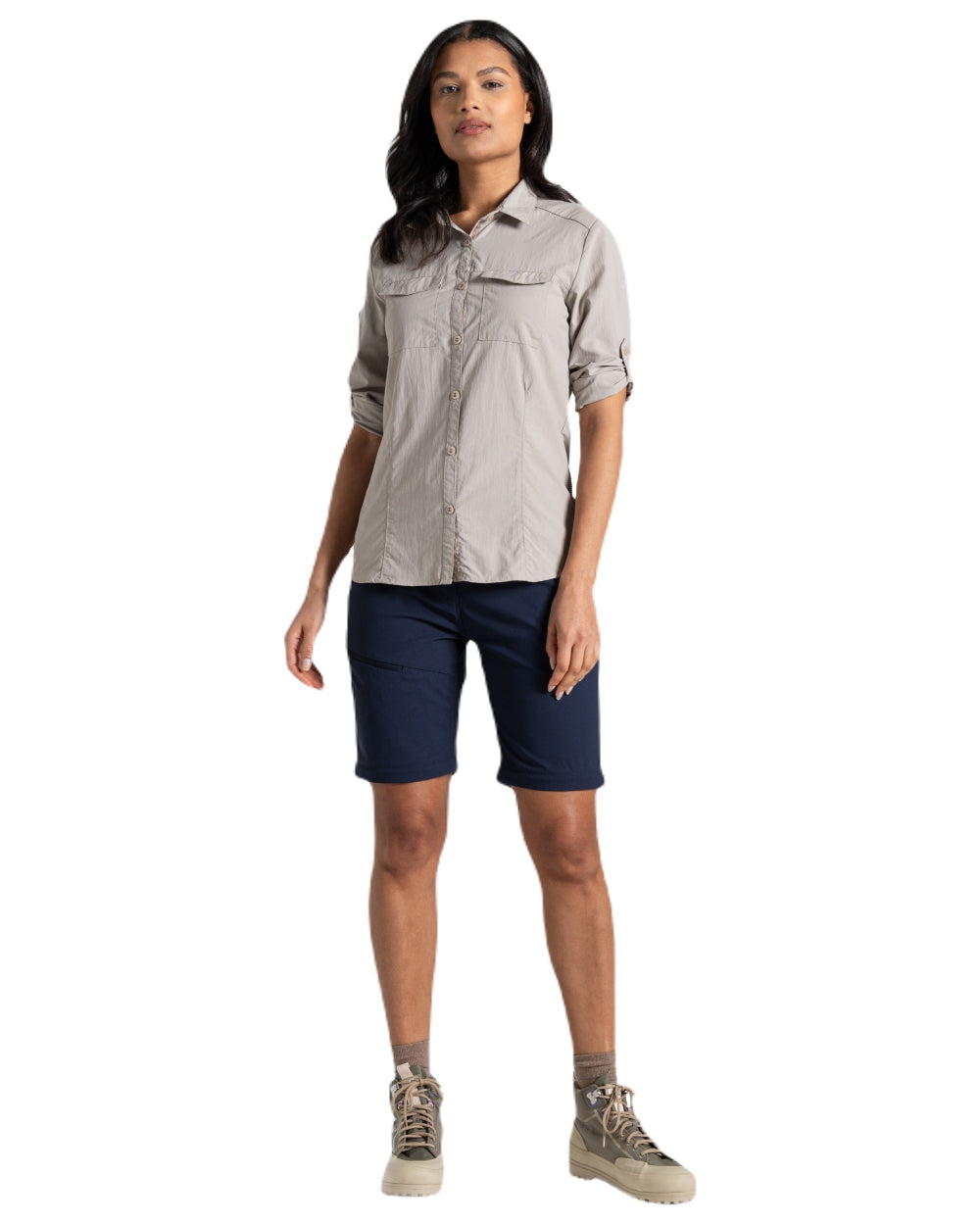 Blue Navy coloured Craghoppers Womens NosiLife Pro Convertible Trousers on white background