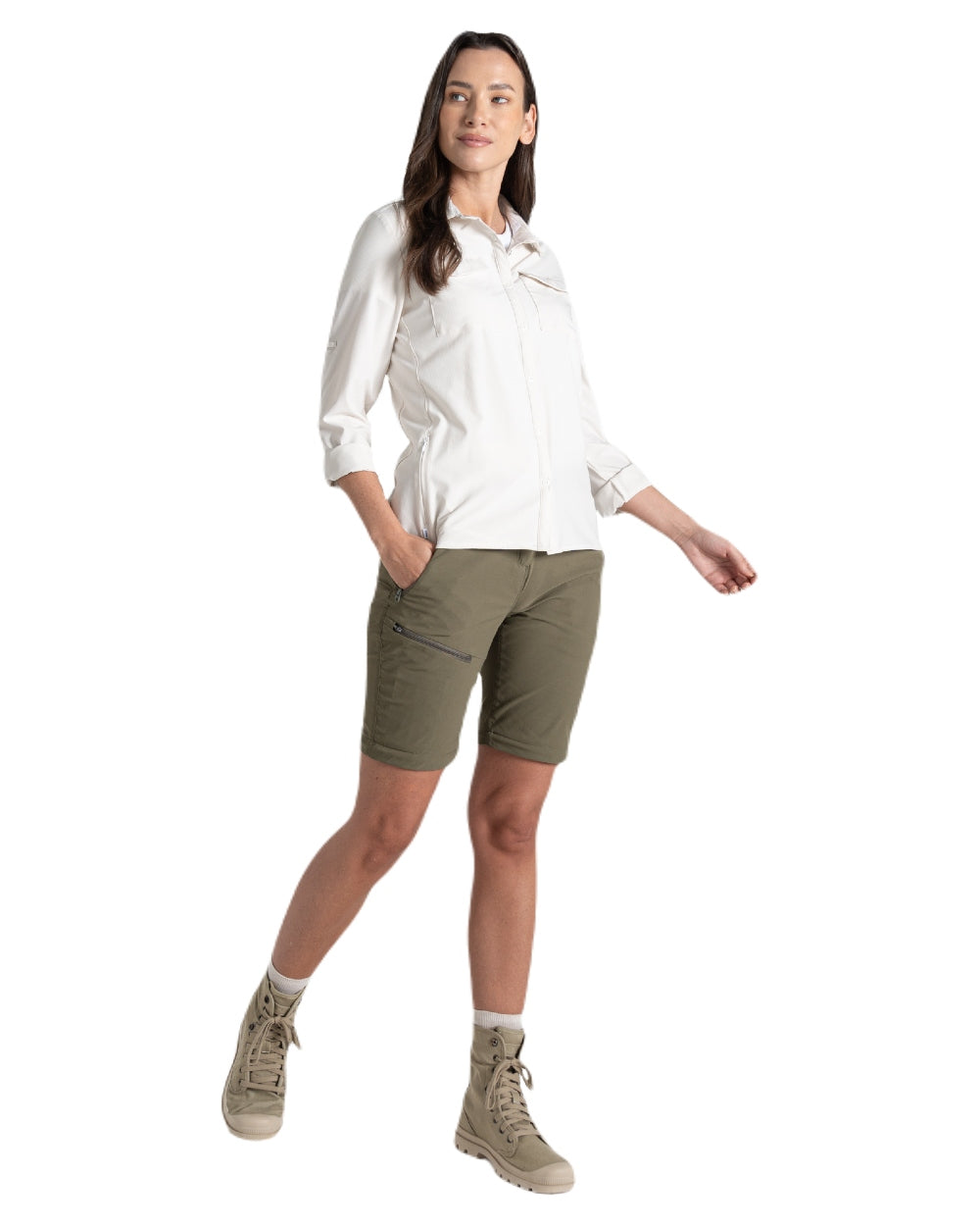 Wild Olive coloured Craghoppers Womens NosiLife Pro Convertible Trousers on white background