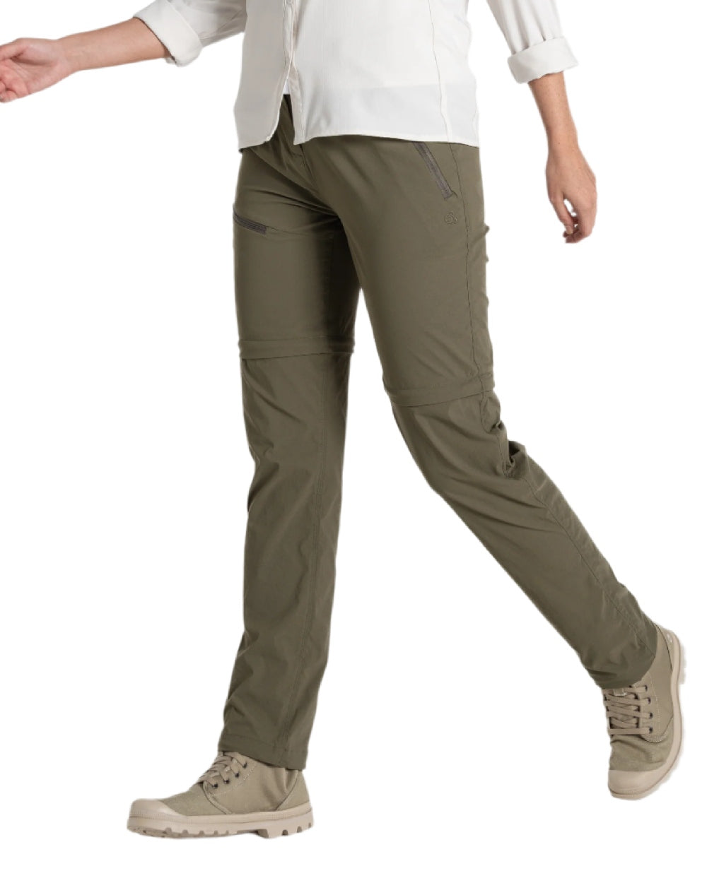 Wild Olive coloured Craghoppers Womens NosiLife Pro Convertible Trousers on white background