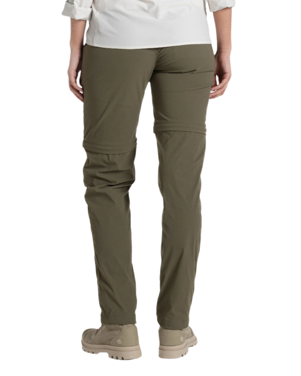 Wild Olive coloured Craghoppers Womens NosiLife Pro Convertible Trousers on white background
