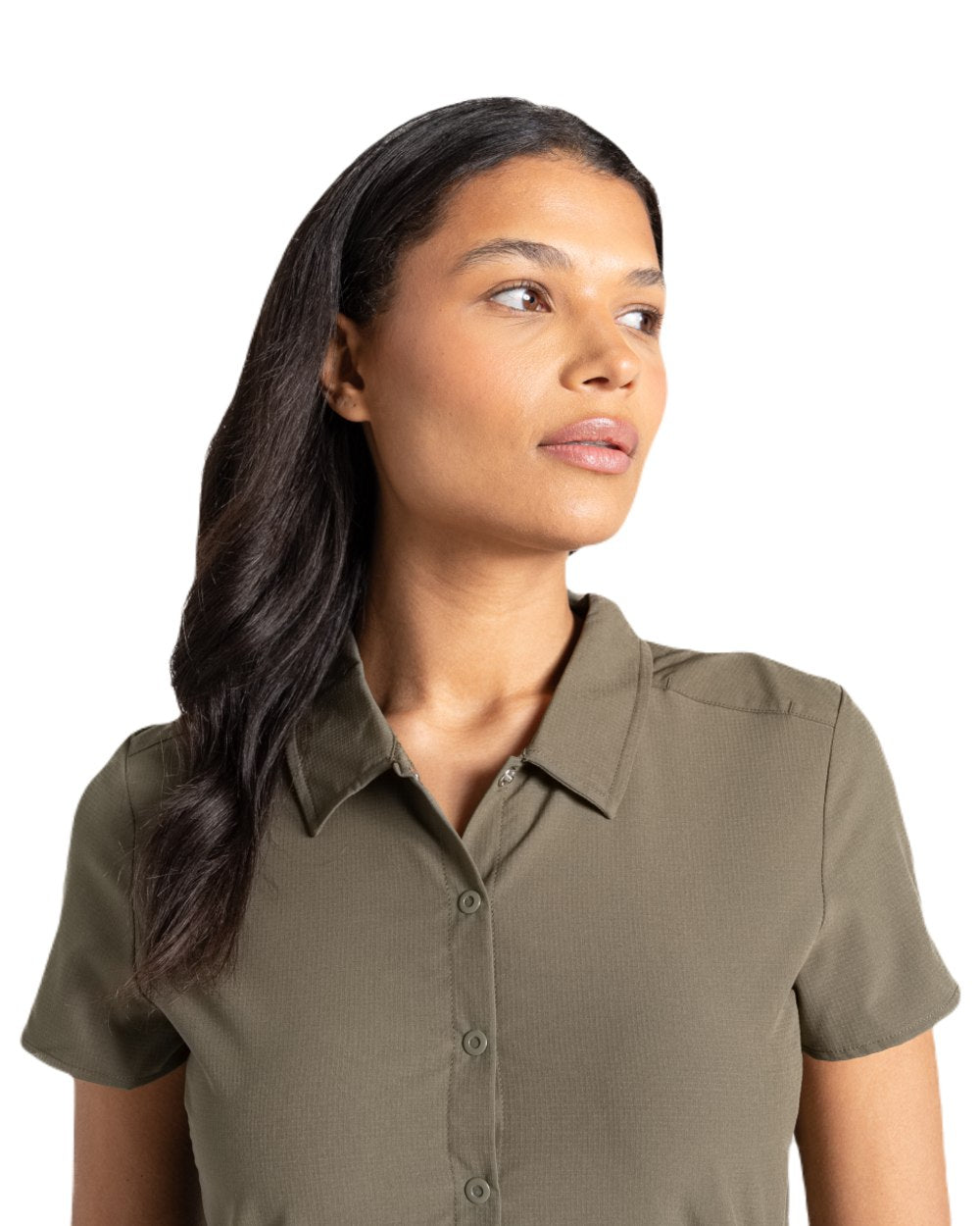 Wild Olive coloured Craghoppers Womens NosiLife Pro Dress IV on white background