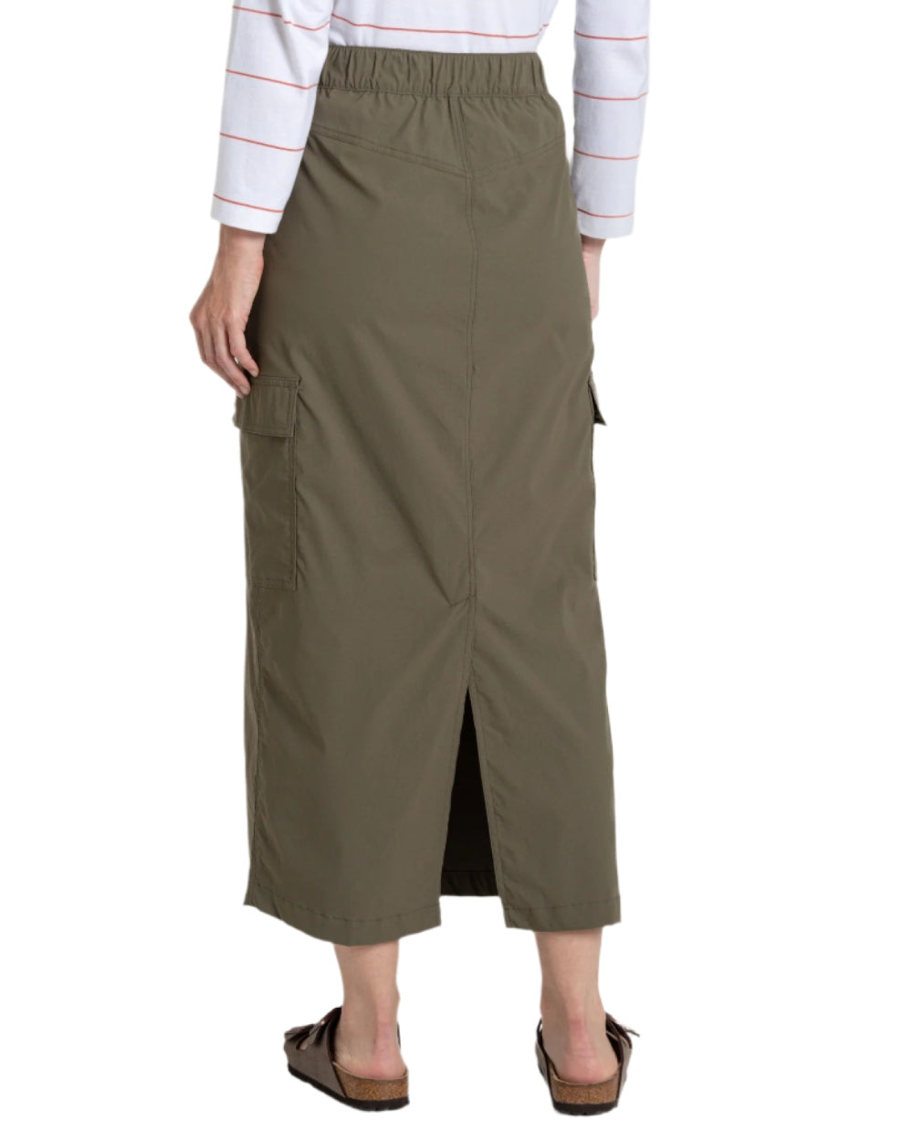 Wild Olive coloured Craghoppers Womens NosiLife Pro Midi Skirt on white background