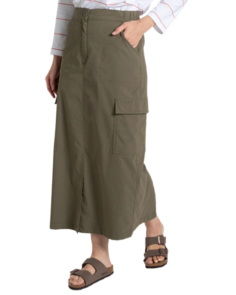 Wild Olive coloured Craghoppers Womens NosiLife Pro Midi Skirt on white background