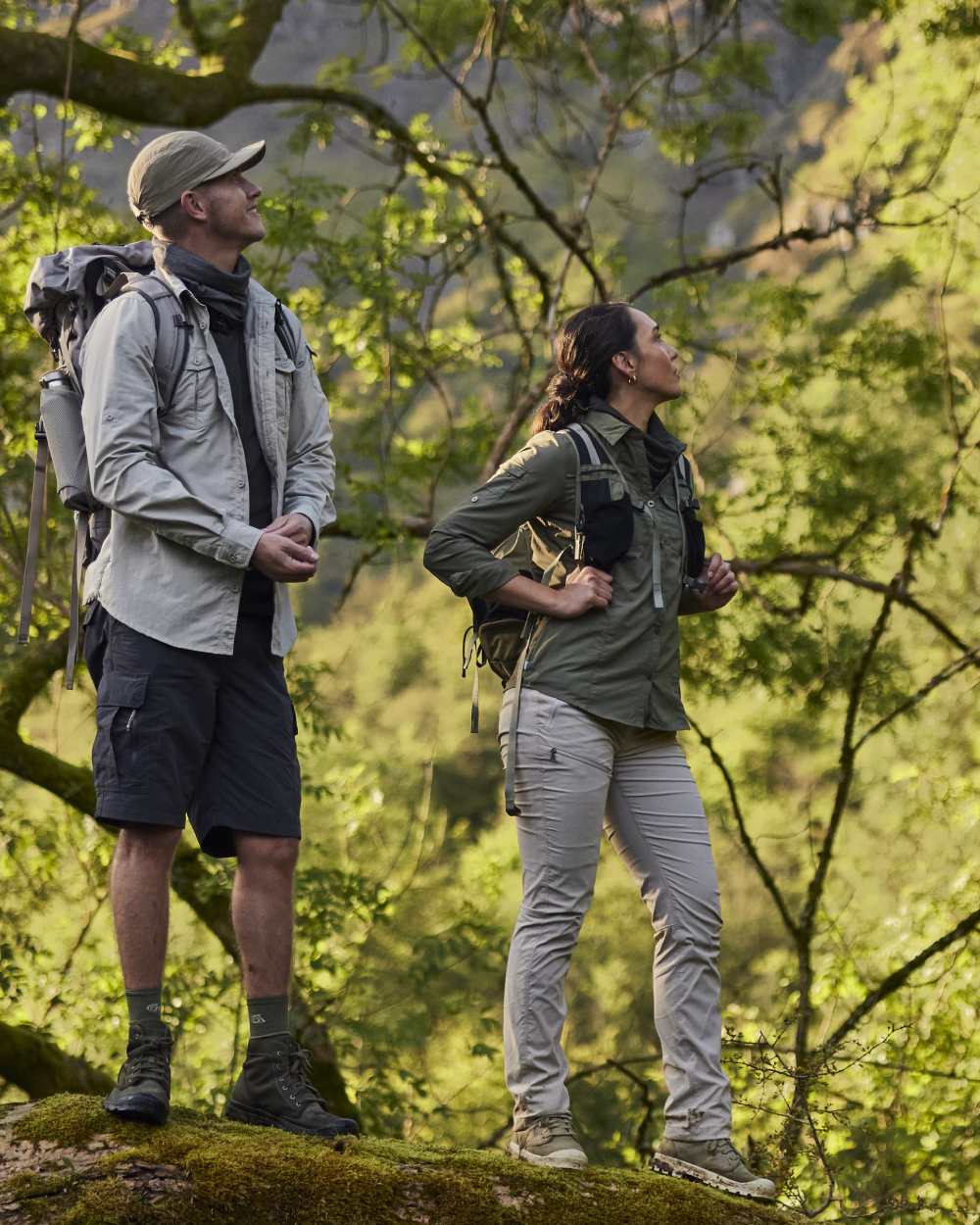 Soft Mushroom coloured Craghoppers Womens NosiLife Pro Trousers III on forest background