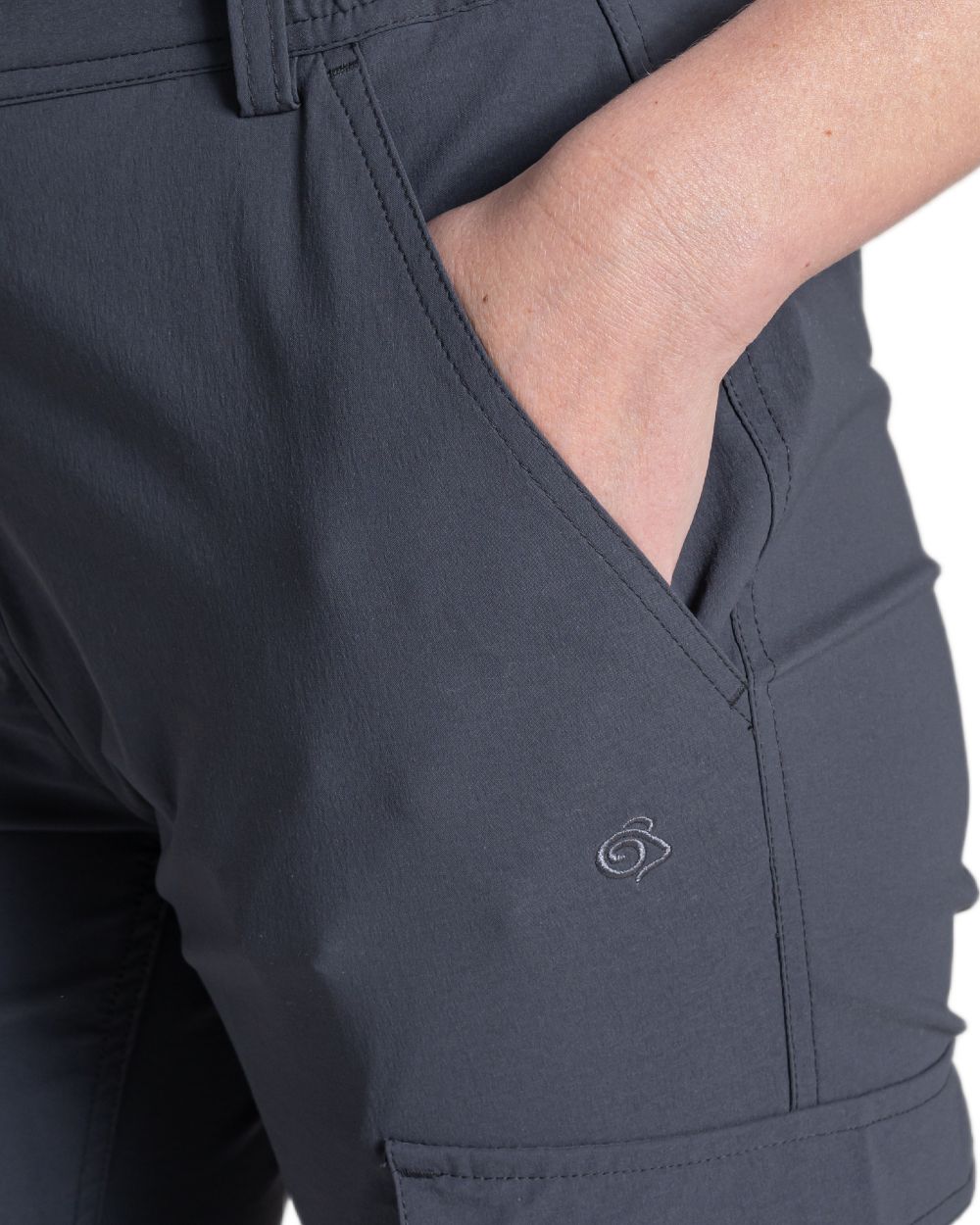 Dark Iron coloured Craghoppers Womens NosiLife Rif Stretch Cargo Trousers on white background