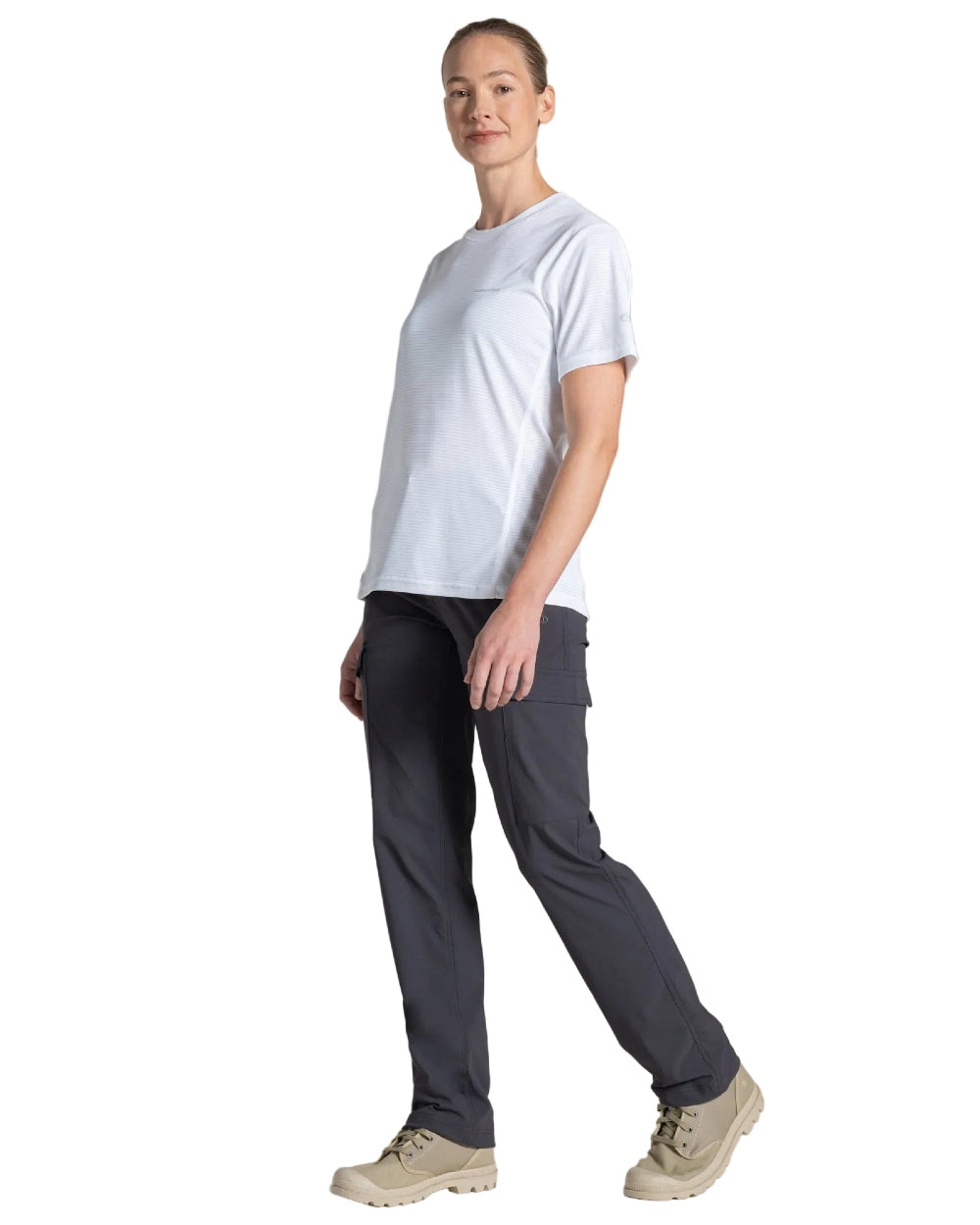 Dark Iron coloured Craghoppers Womens NosiLife Rif Stretch Cargo Trousers on white background