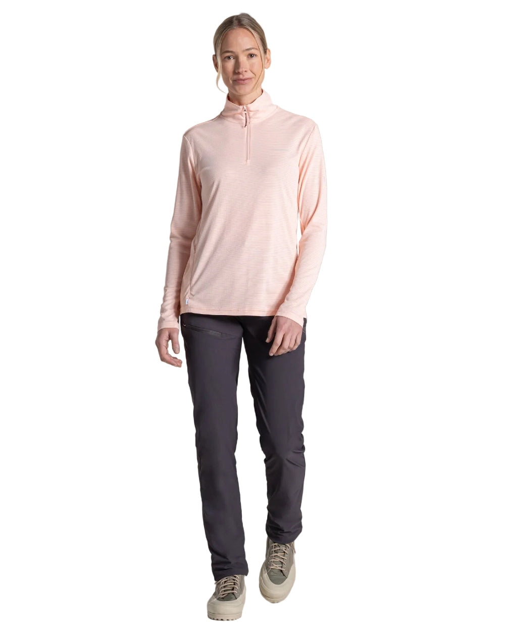 Sherbert coloured Craghoppers Womens NosiLife SolarShield+ Half Zip Top on white background