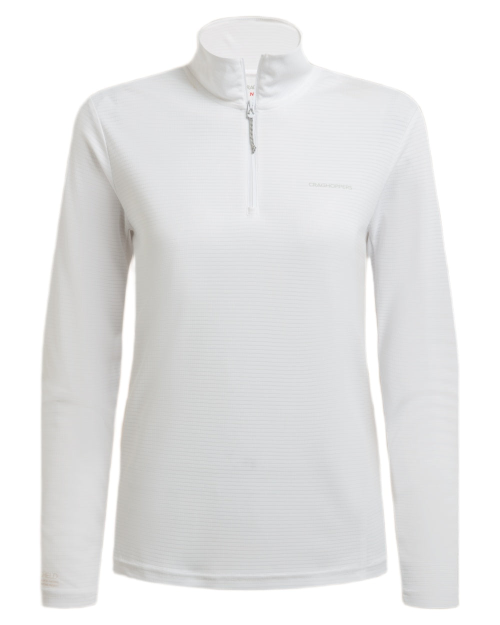 White coloured Craghoppers Womens NosiLife SolarShield+ Half Zip Top on white background
