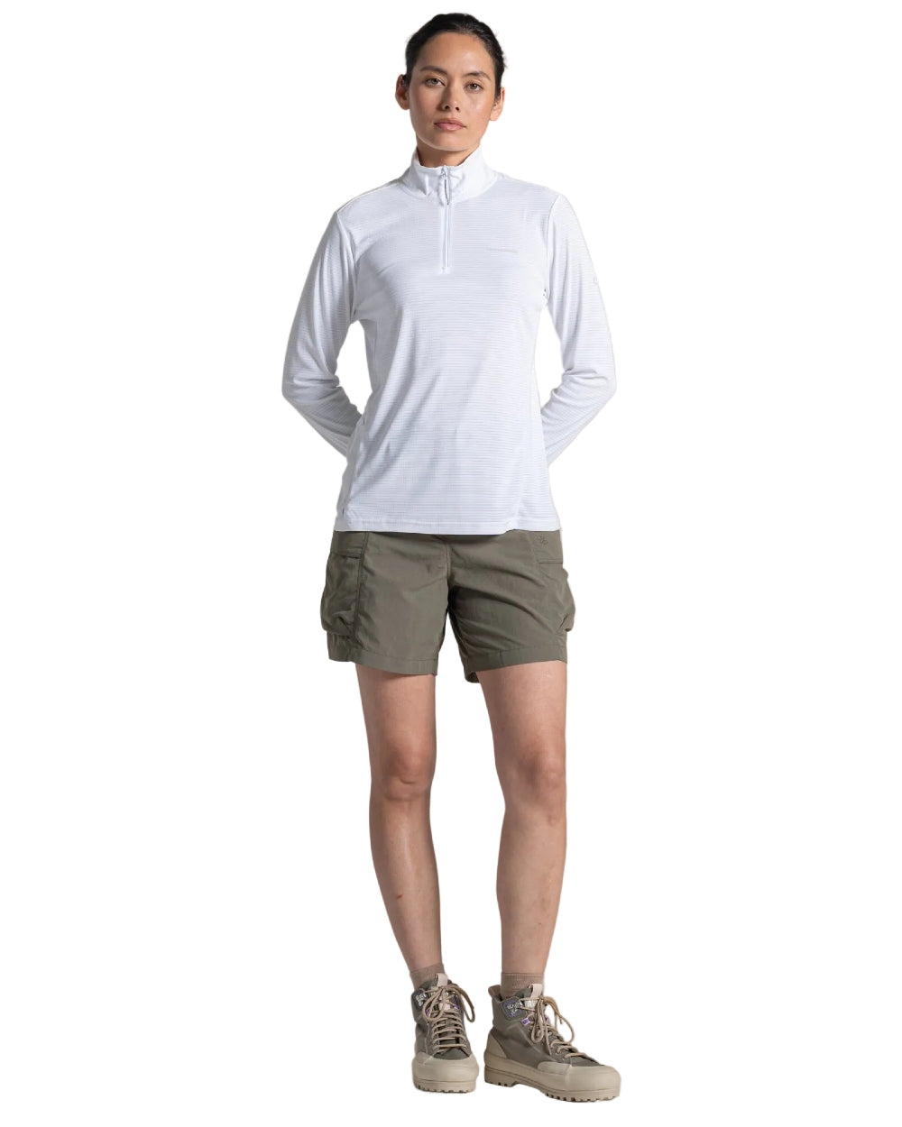 White coloured Craghoppers Womens NosiLife SolarShield+ Half Zip Top on white background