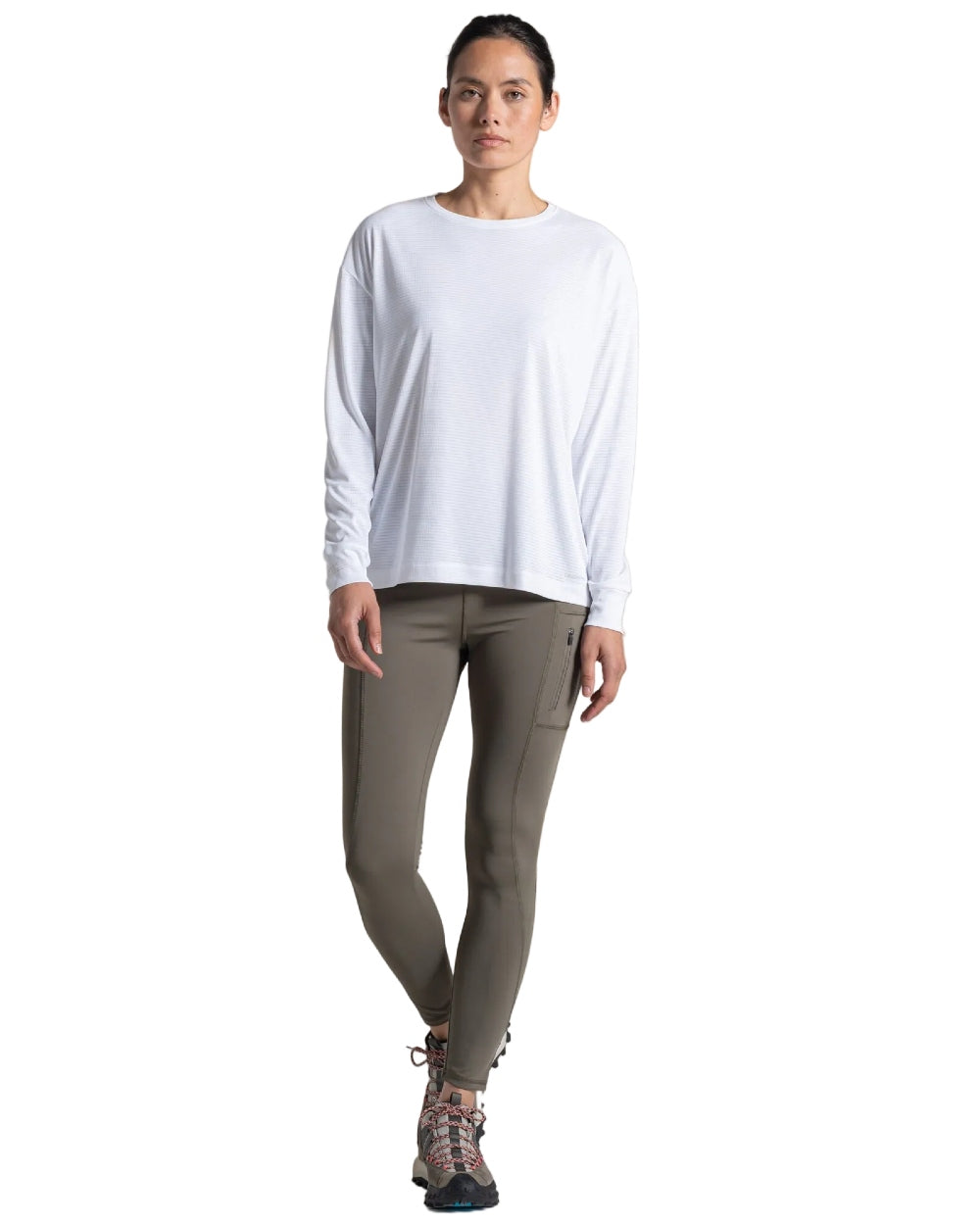 White coloured Craghoppers Womens NosiLife SolarShield+ Long Sleeved T-Shirt on white background