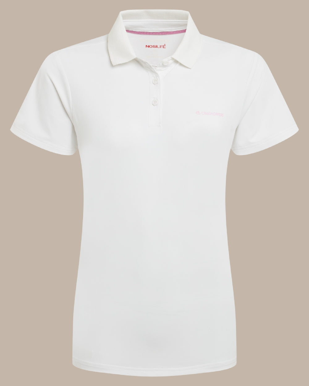 White Coloured Craghoppers Womens Nosilife Thornbuy Short Sleeved Polo Top on Beige Background