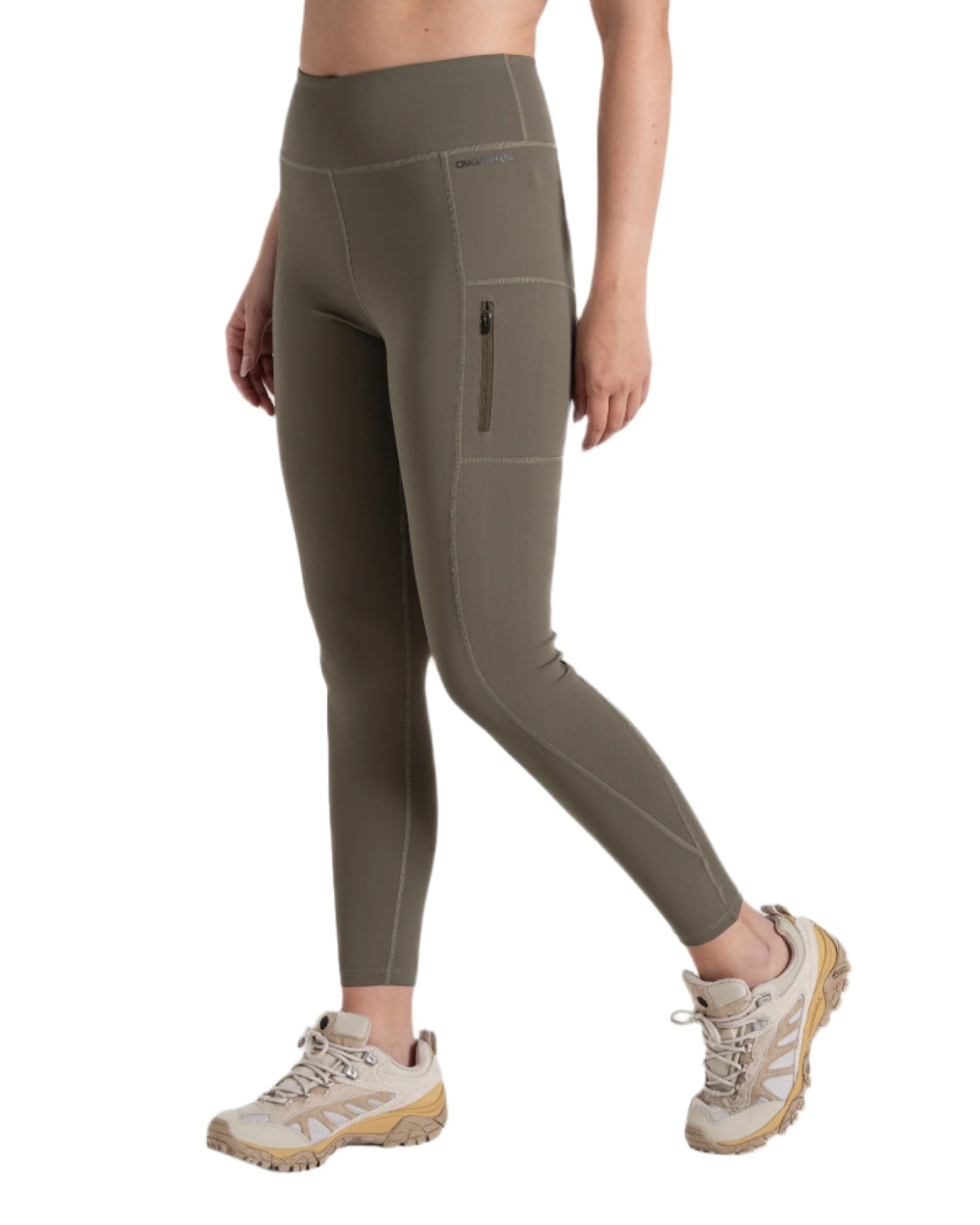 Wild Olive coloured Craghoppers Womens Nosilife Adeena Leggings on white background
