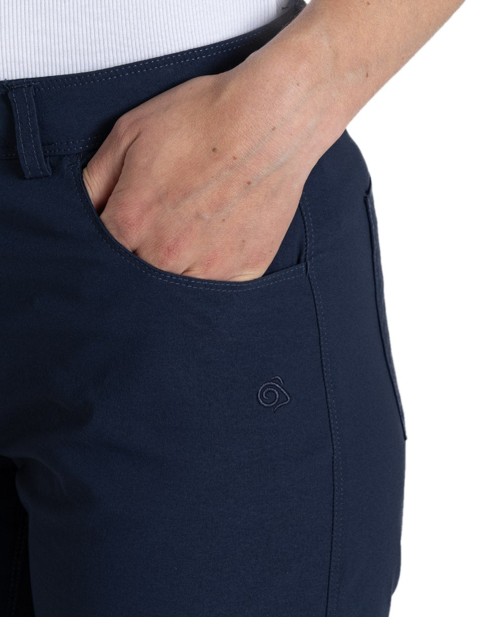Blue Navy coloured Craghoppers Womens Nosilife Milla Golf Trousers on white background