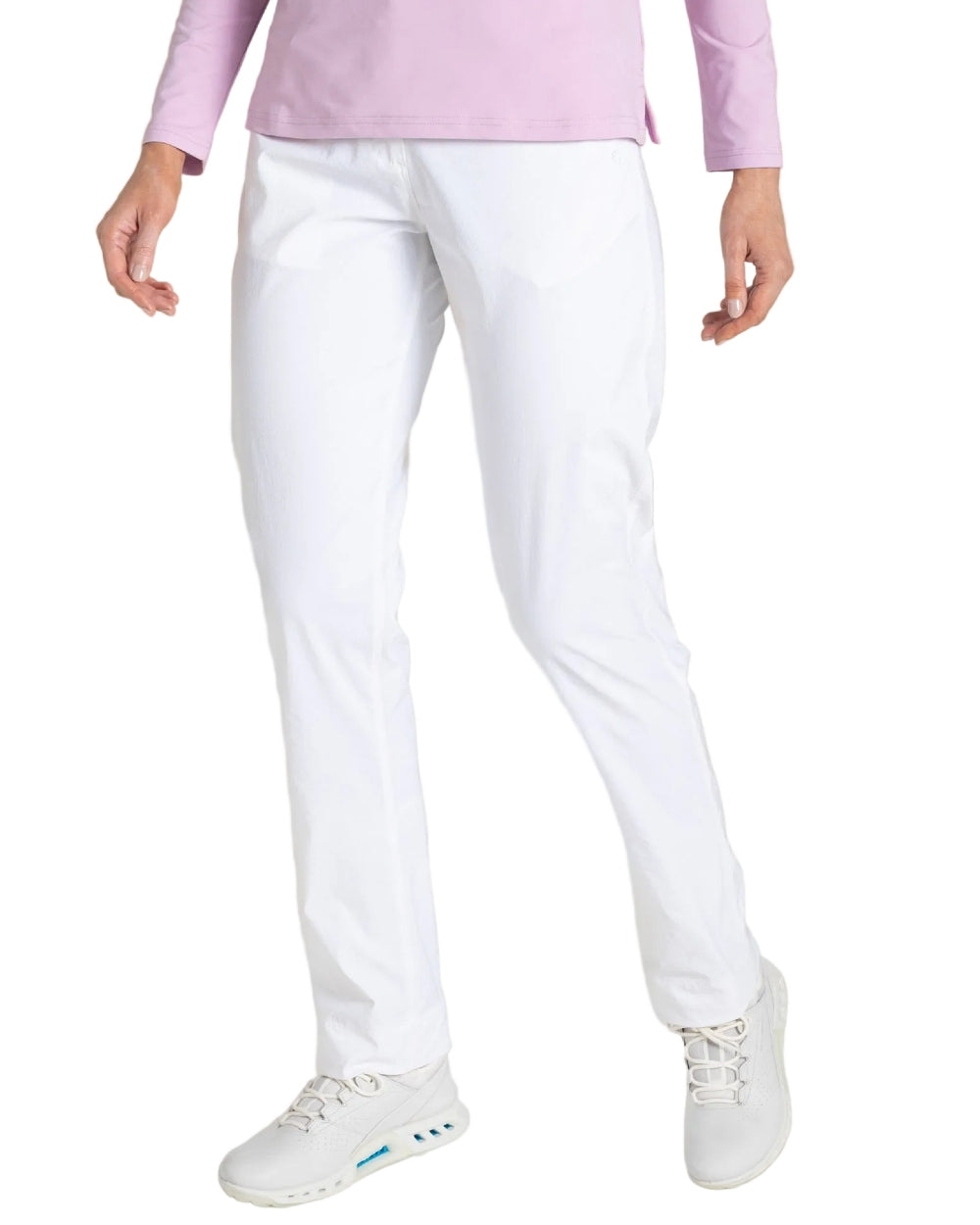 White coloured Craghoppers Womens Nosilife Milla Golf Trousers on white background