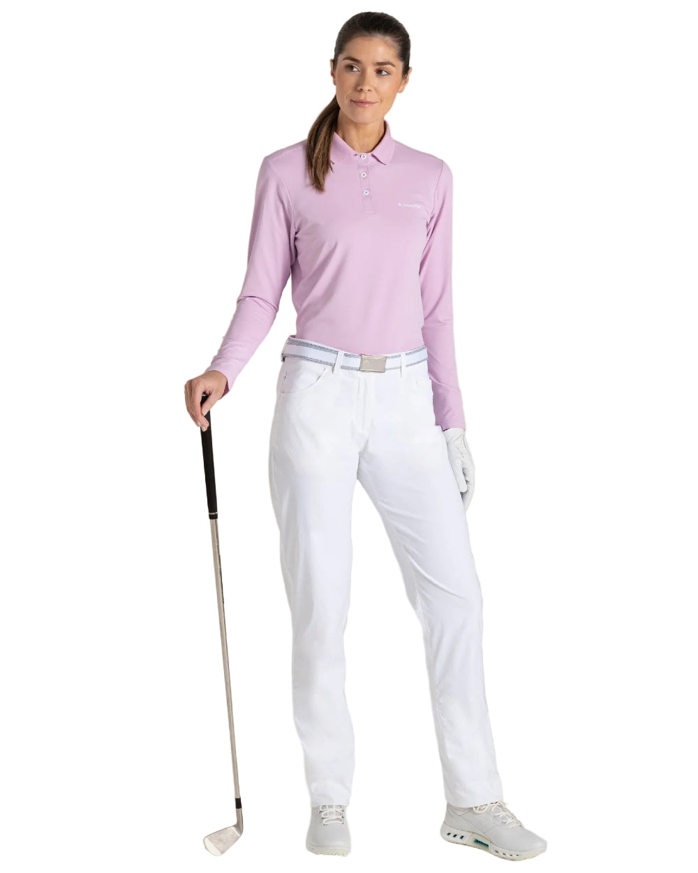 White coloured Craghoppers Womens Nosilife Milla Golf Trousers on white background