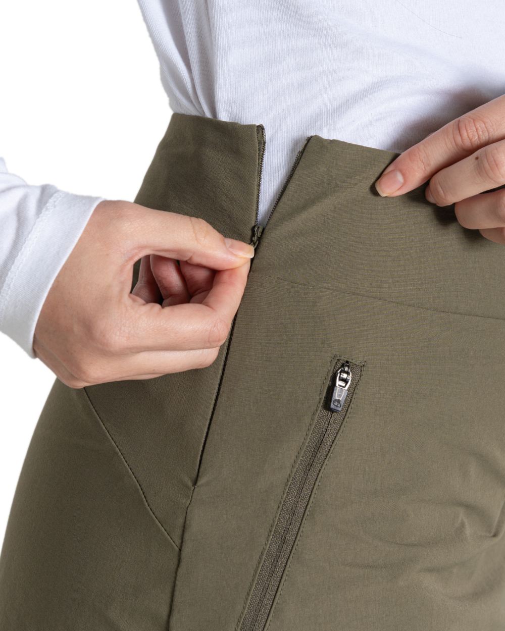 Wild Olive coloured Craghoppers Womens Nosilife Pro Skort II on white background