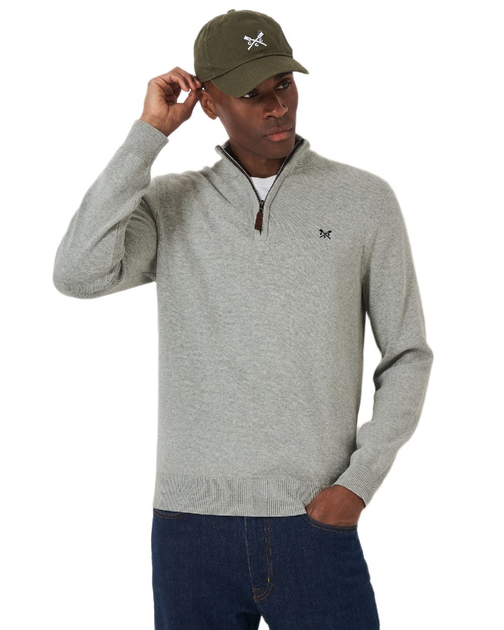 Mid Grey Marl Coloured Crew Clothing Mens Classic Half Zip Knit Jumper on white background
