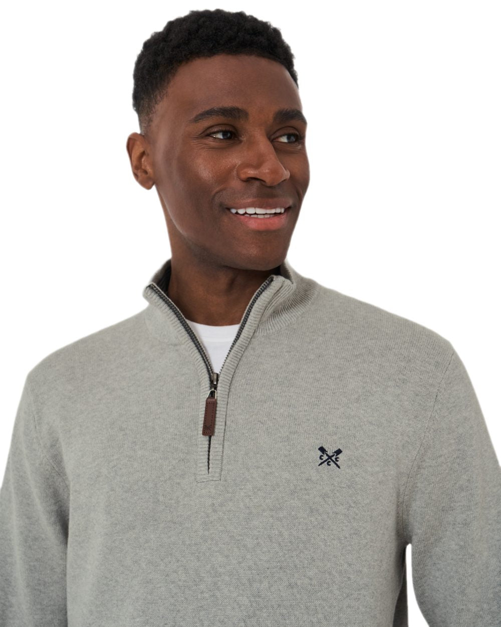 Mid Grey Marl Coloured Crew Clothing Mens Classic Half Zip Knit Jumper on white background