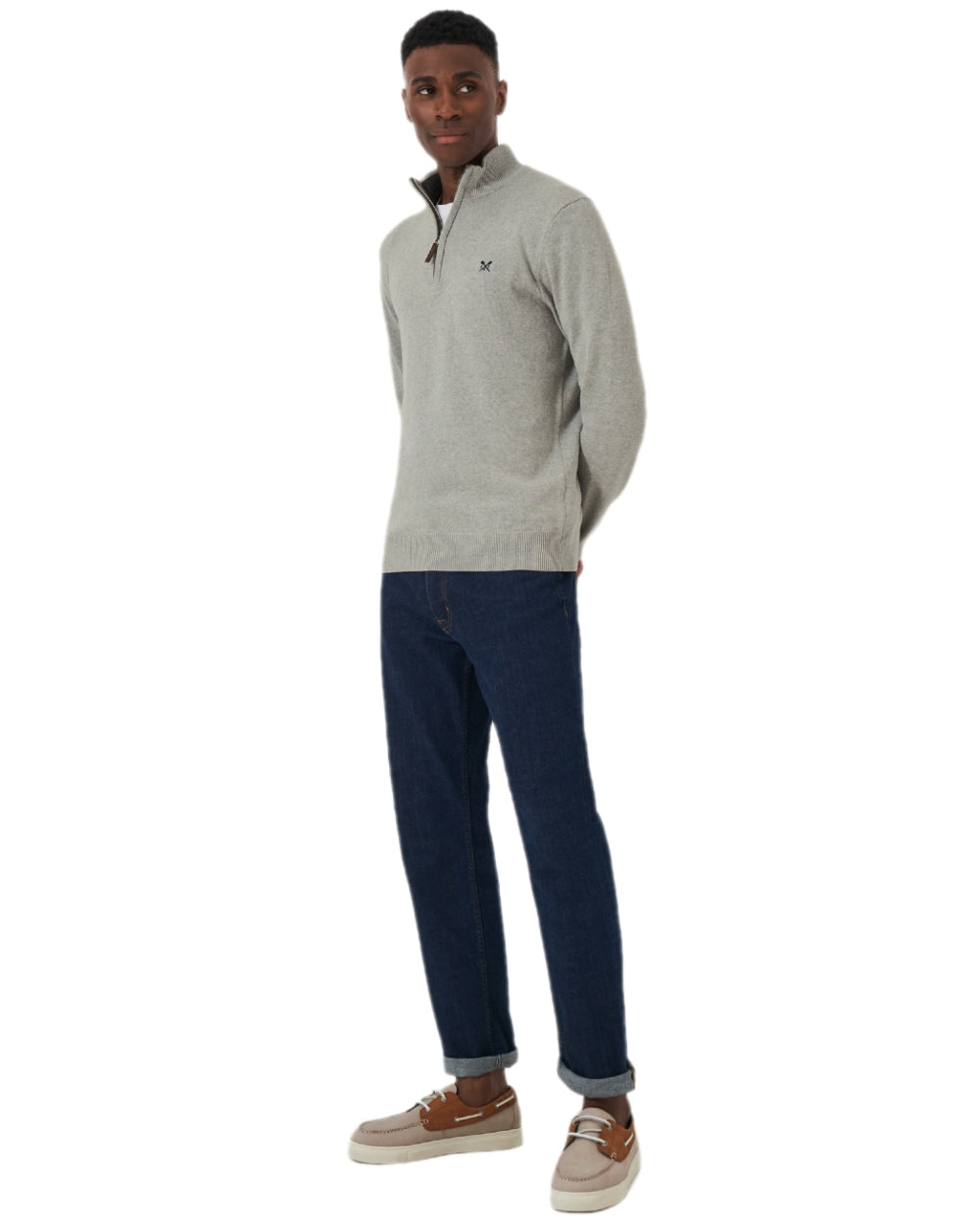 Mid Grey Marl Coloured Crew Clothing Mens Classic Half Zip Knit Jumper on white background