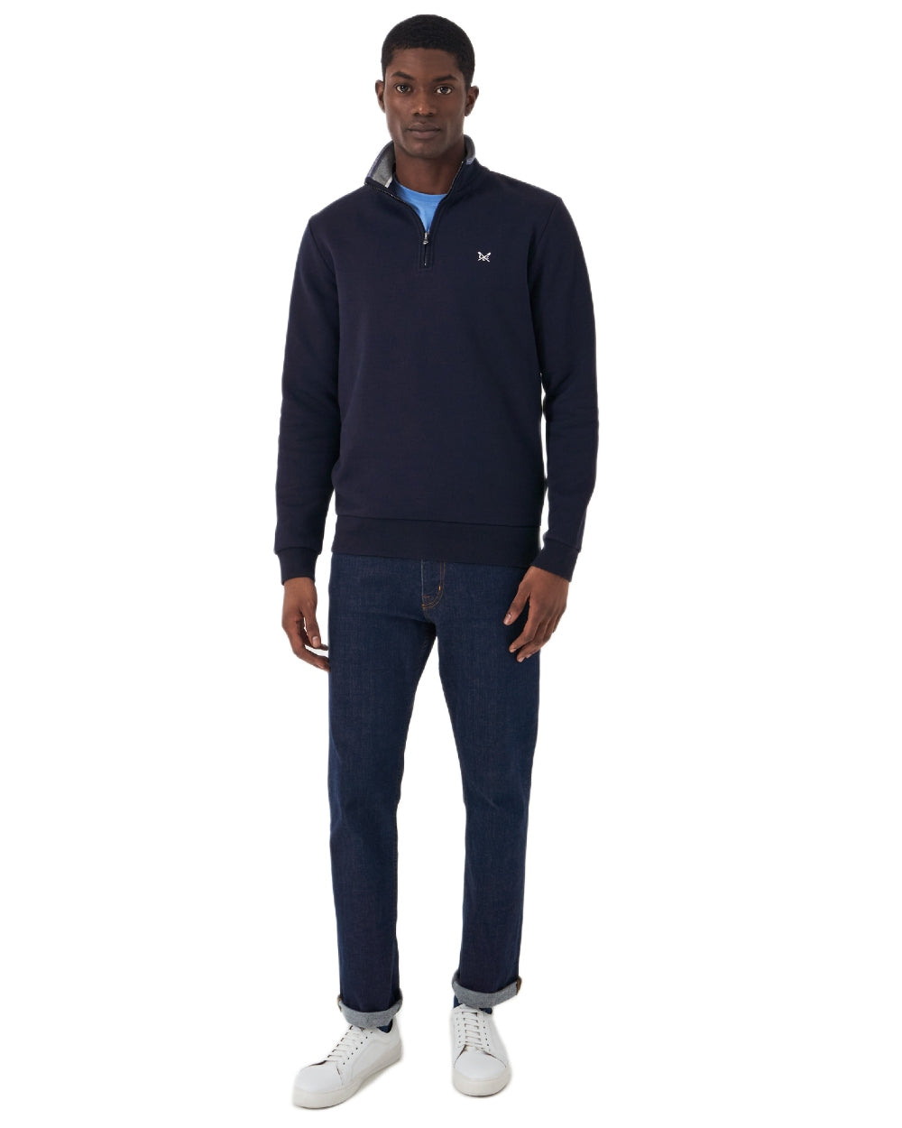 Heritage Dark Navy Coloured Crew Clothing Mens Classic Half Zip Sweatshirt on white background
