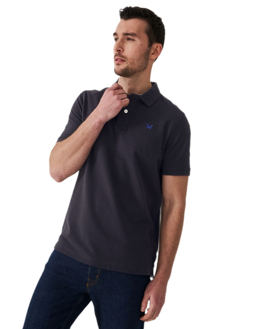 Heritage Black Coloured Crew Clothing Mens Classic Pique Polo Shirt on white background
