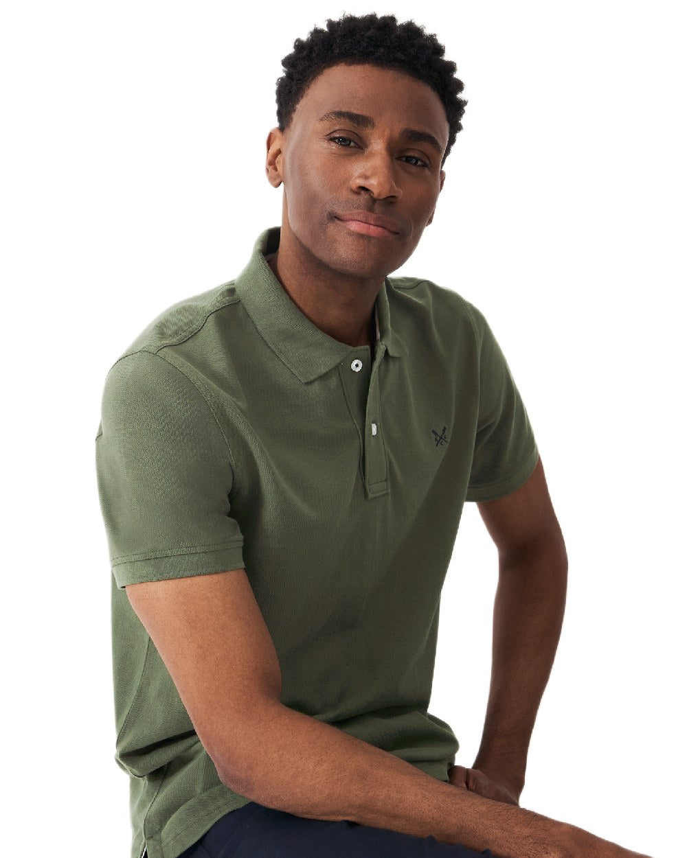 Heritage Olive Coloured Crew Clothing Mens Classic Pique Polo Shirt on white background
