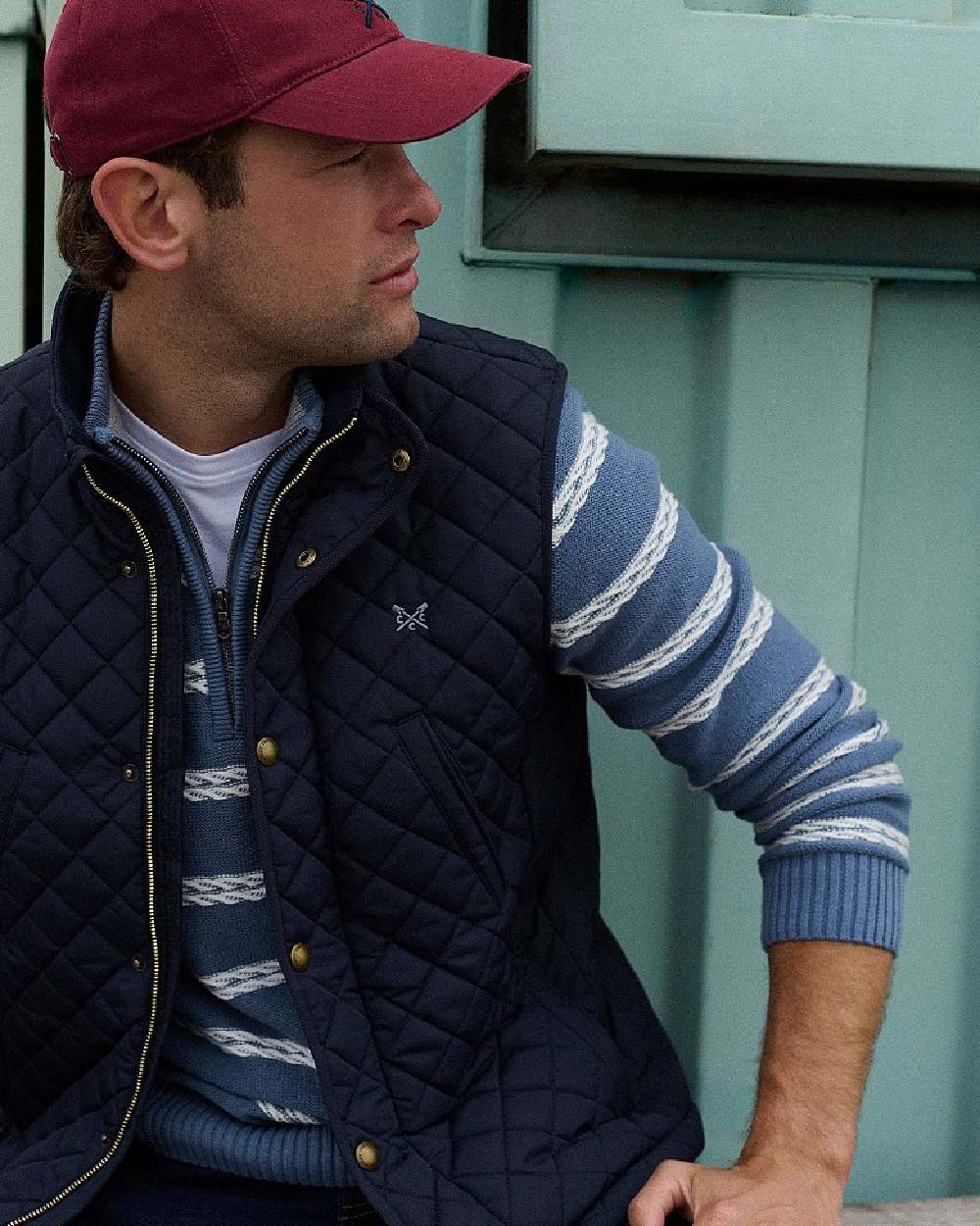 Heritage Dark Navy Coloured Crew Clothing Mens Corleigh Quilted Gilet on outdoor background