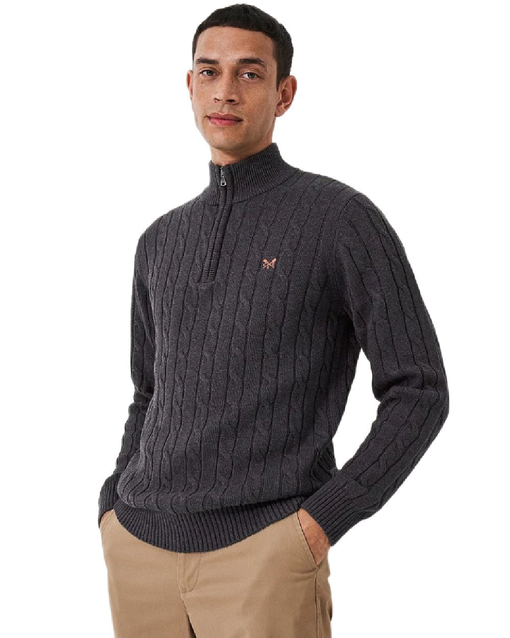 Charcoal Marl Coloured Crew Clothing Mens Oarsman Cable Knit Half Zip Jumper on white background