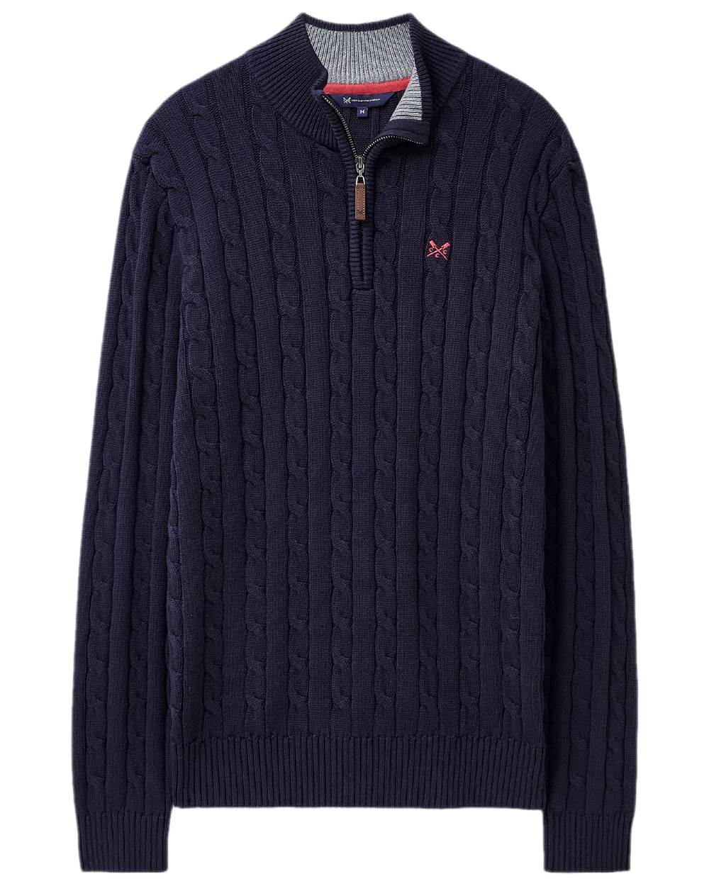 Heritage Dark Navy Coloured Crew Clothing Mens Oarsman Cable Knit Half Zip Jumper on white background