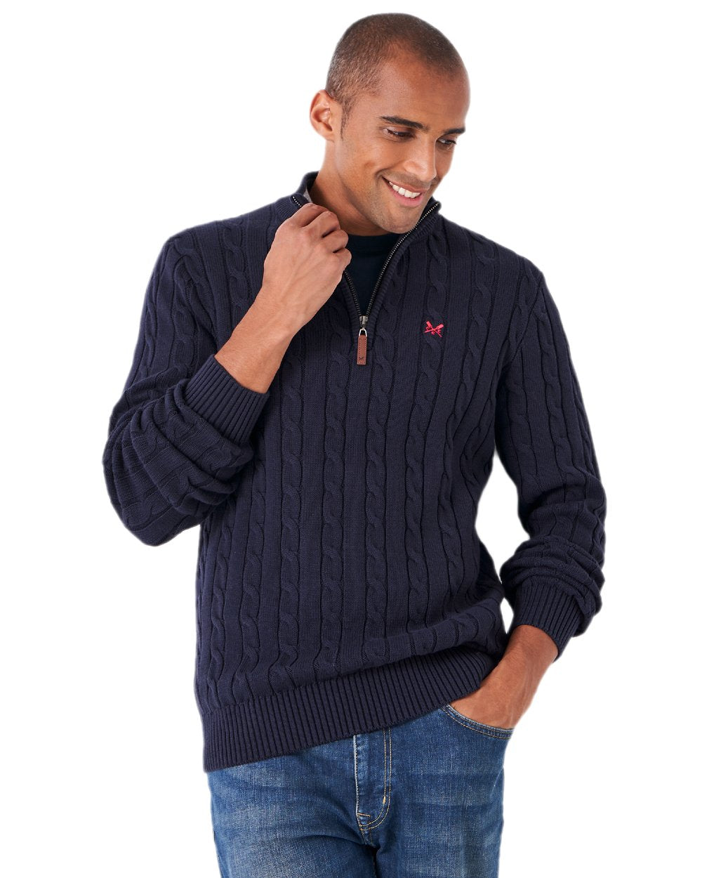 Heritage Dark Navy Coloured Crew Clothing Mens Oarsman Cable Knit Half Zip Jumper on white background