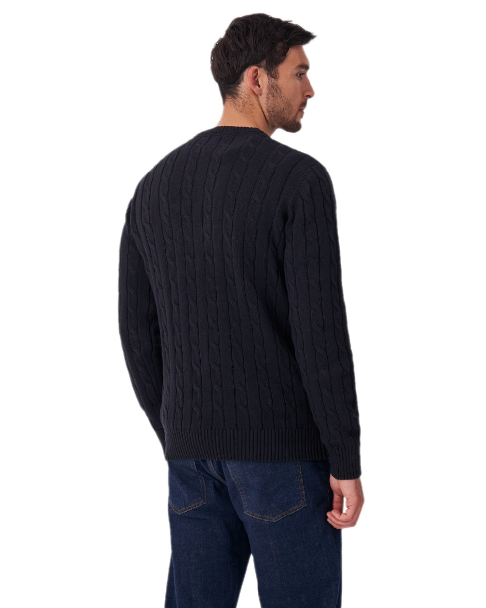 Navy Coloured Crew Clothing Mens Oarsman Cable Knit Organic Cotton Crew Neck Jumper on white background