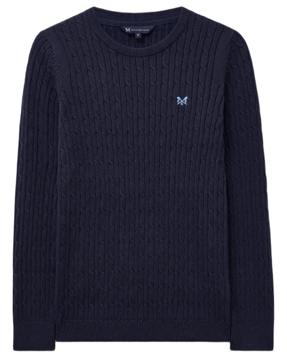 Heritage Navy Coloured Crew Clothing Womens Crew Neck Heritage Cable Knit Jumper on white background