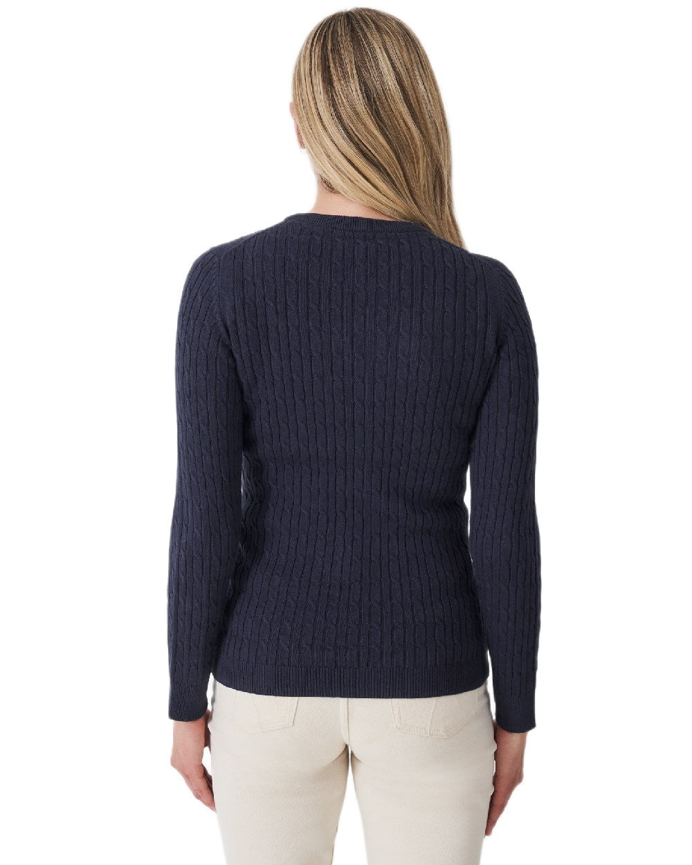 Heritage Navy Coloured Crew Clothing Womens Crew Neck Heritage Cable Knit Jumper on white background