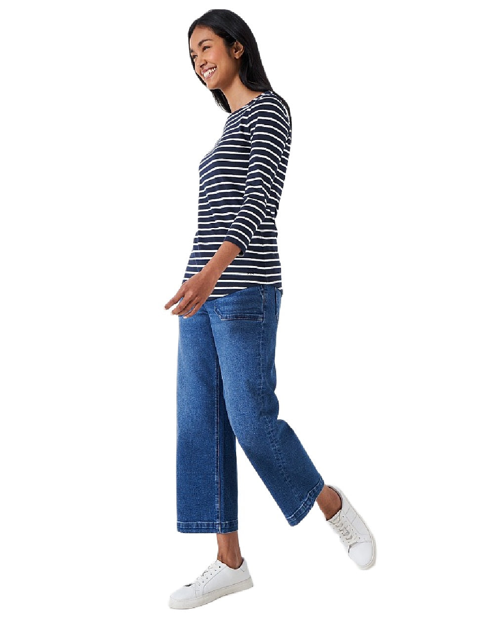 Navy White Stripe Coloured Crew Clothing Womens Essential Breton Top on white background