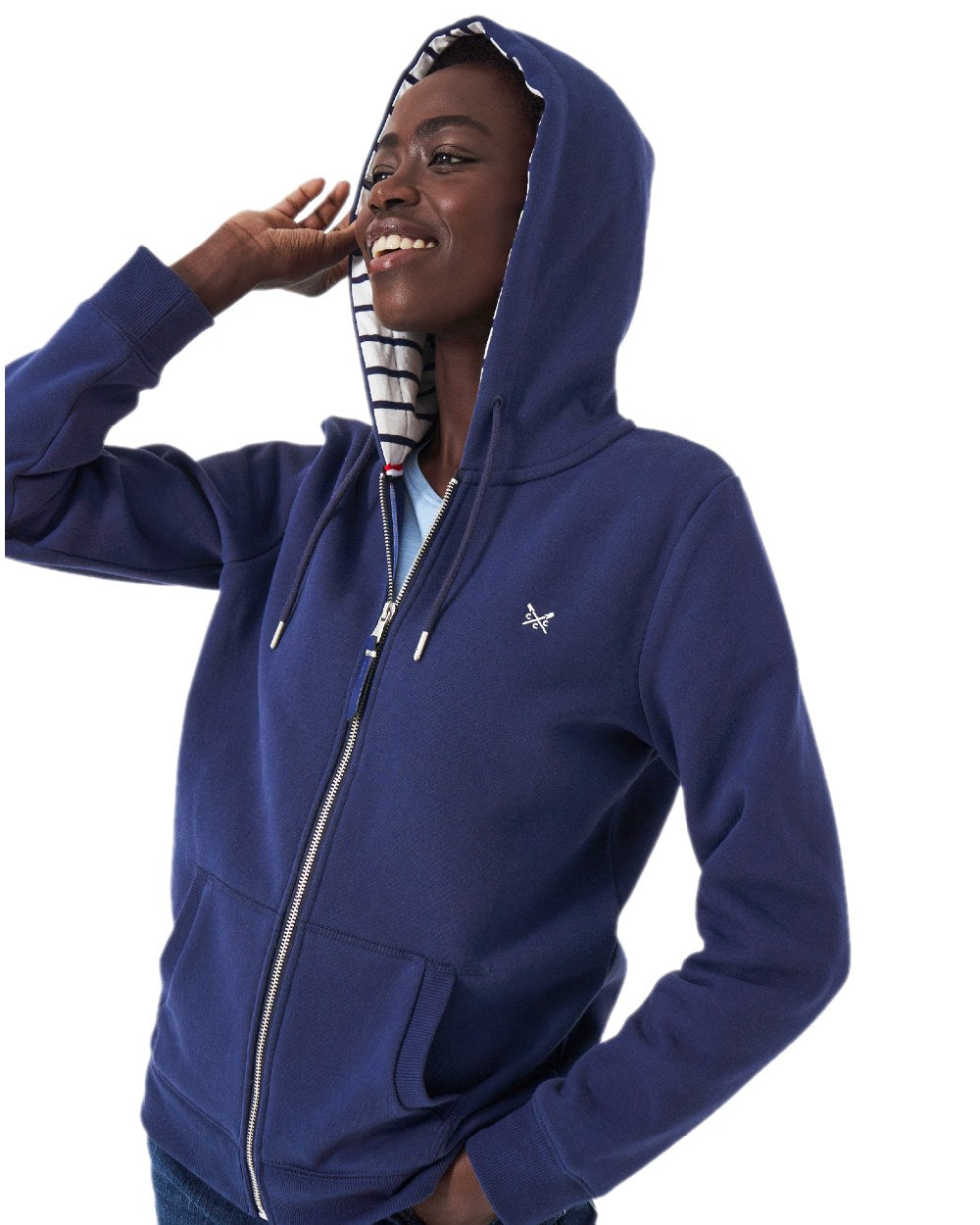 Navy Coloured Crew Clothing Womens Heritage Zip Through Hoodie on white background