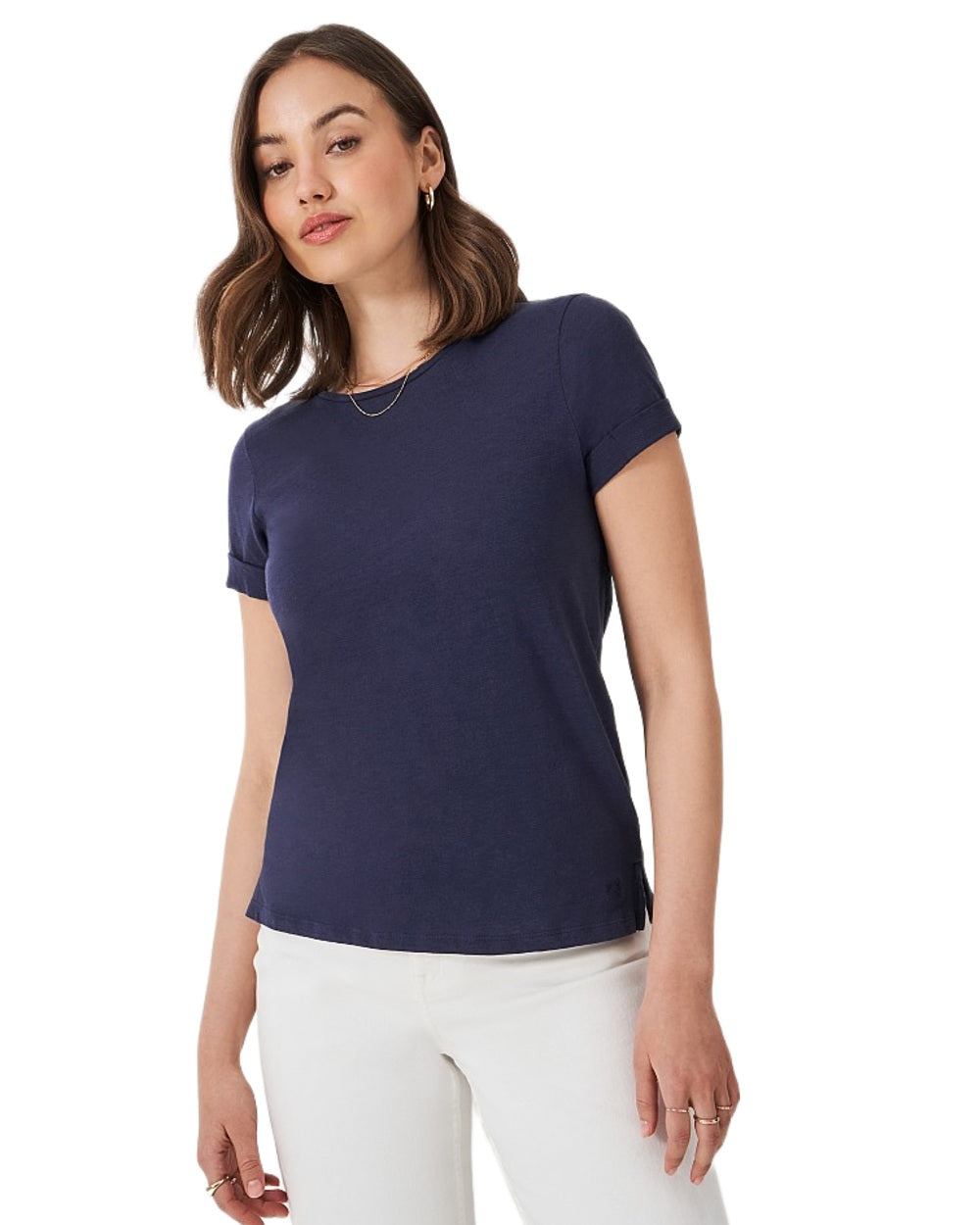 Navy coloured Crew Clothing Womens Perfect Slub Crew Neck T-Shirt on white background