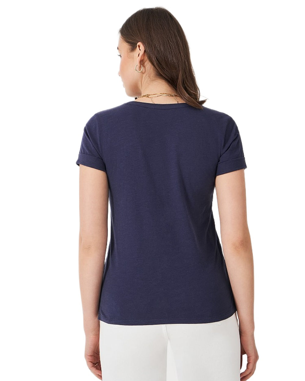 Navy coloured Crew Clothing Womens Perfect Slub Crew Neck T-Shirt on white background