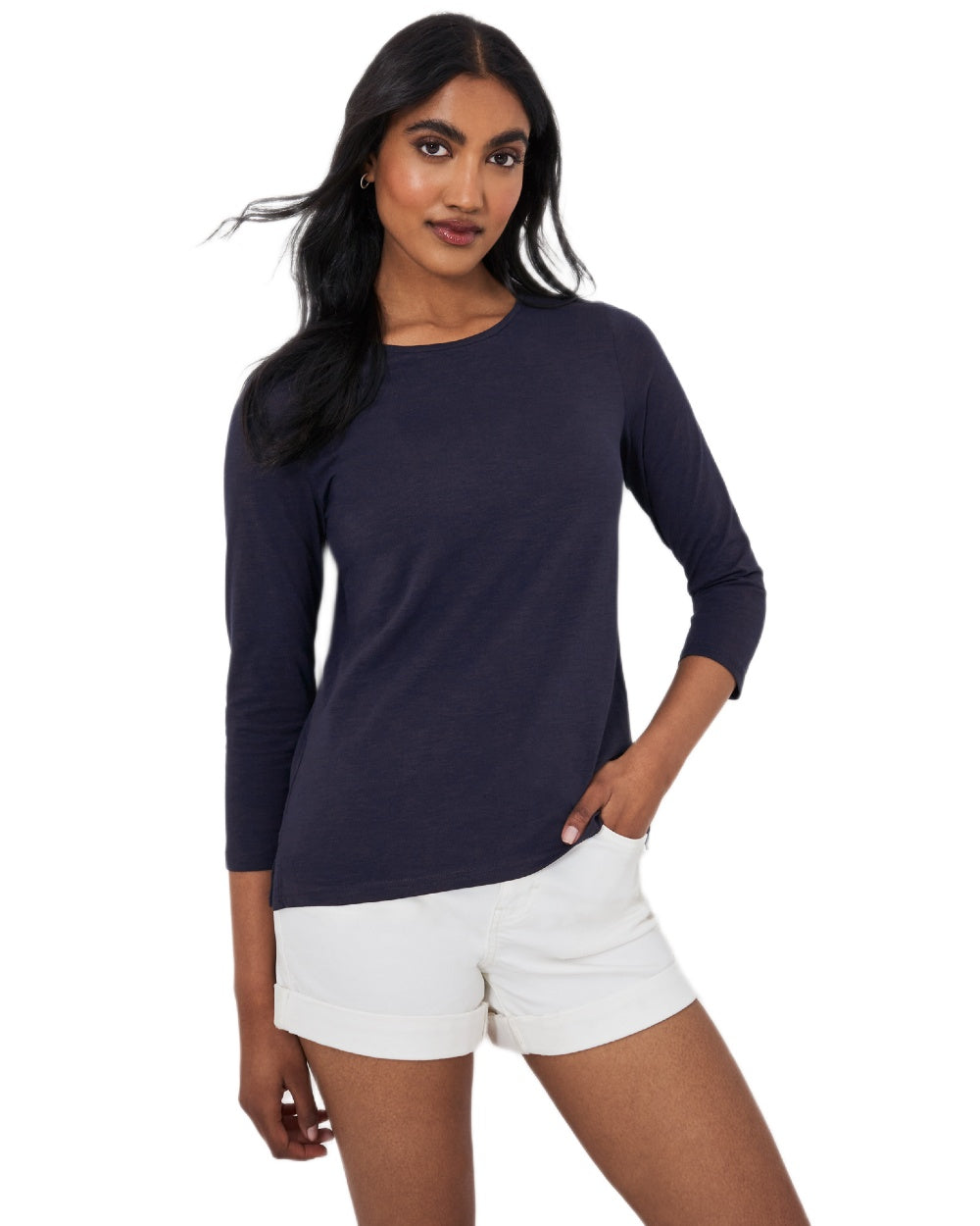 Navy Coloured Crew Clothing Womens Perfect Three Quarter Sleeves Slub T-Shirt on white background