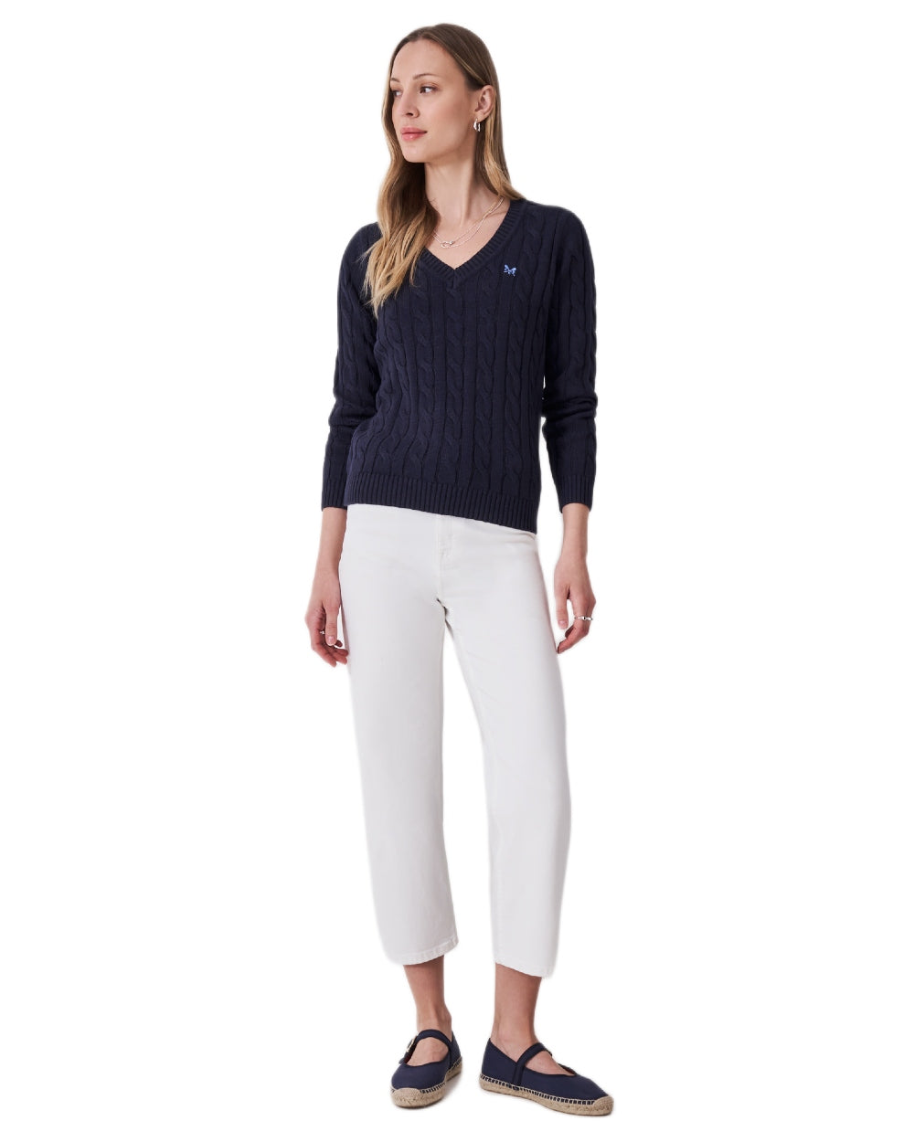 Heritage Navy Coloured Crew Clothing Womens V Neck Chunky Heritage Cable Knit Jumper on white background