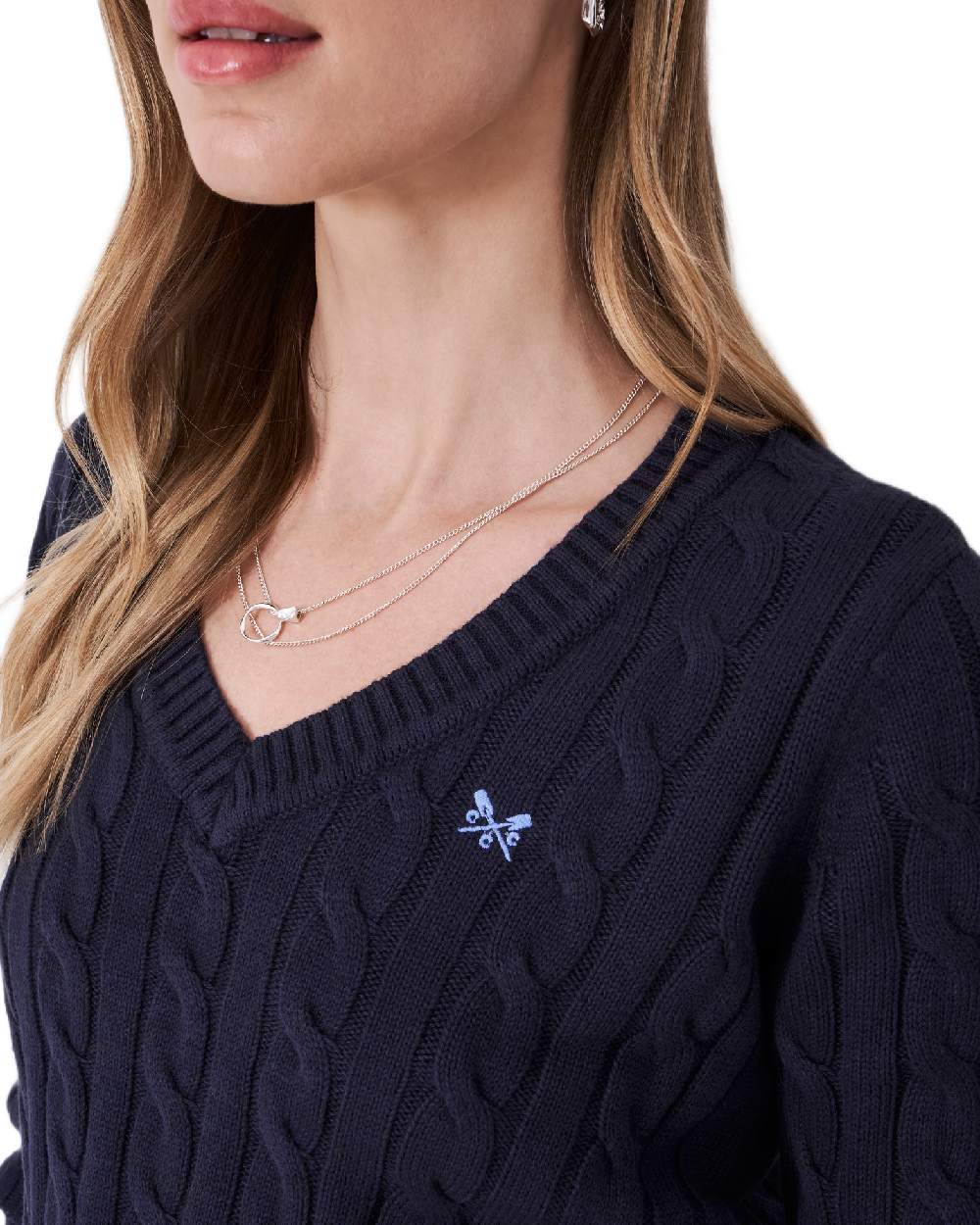Heritage Navy Coloured Crew Clothing Womens V Neck Chunky Heritage Cable Knit Jumper on white background