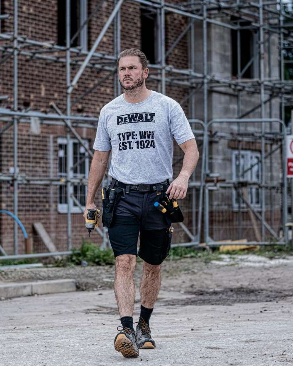 Grey Black Coloured DeWalt Hamden Shorts on outdoor background