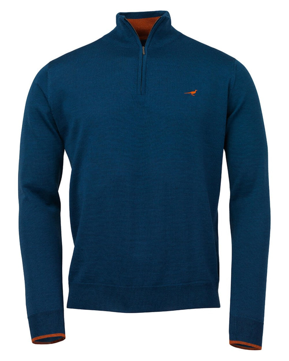 Deep Ocean Coloured Laksen Norfolk Zip Neck Merino Sweater On A White Background